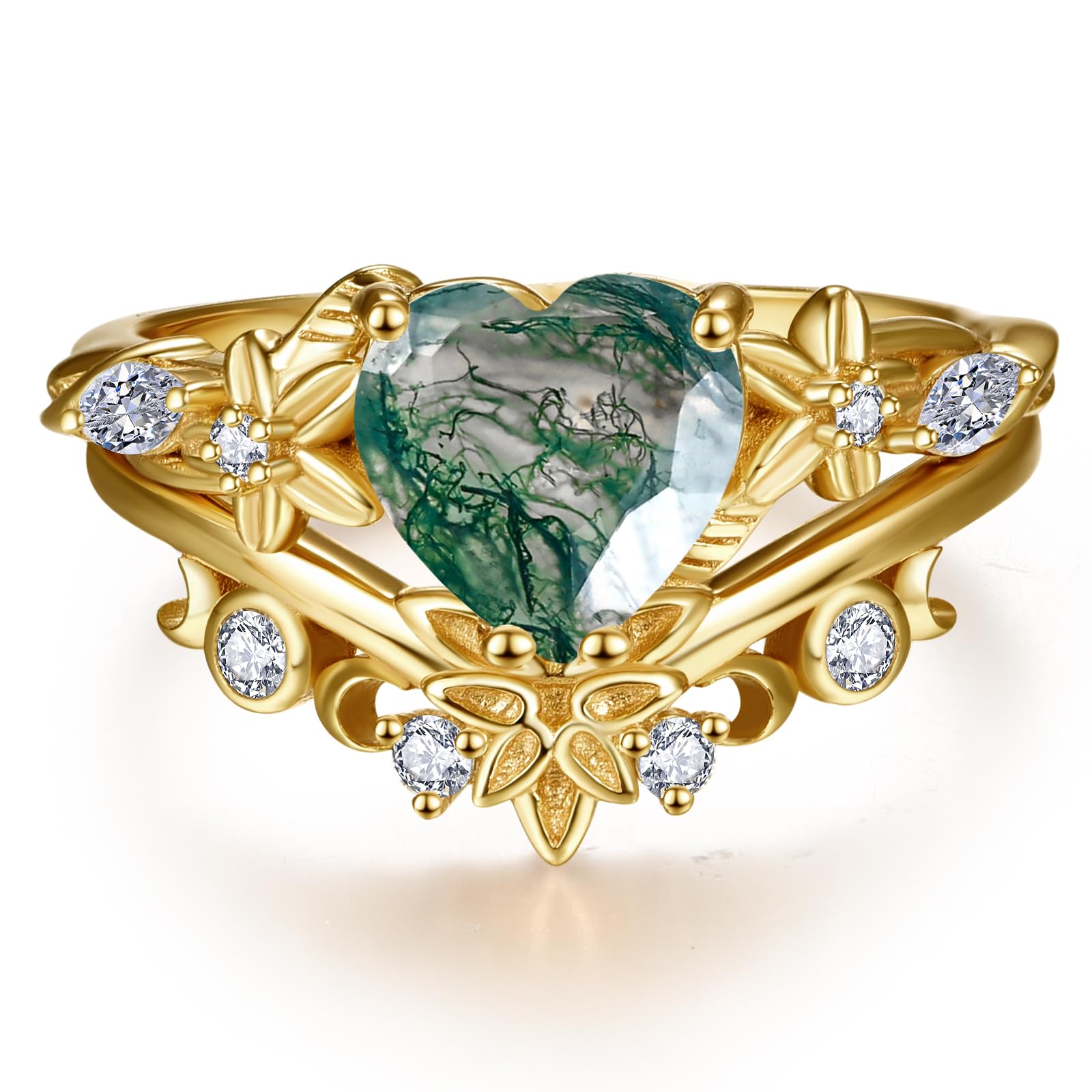 JIARUI Heart Gemstone Rings 925 Sterling Silver Wedding Rings Moss Agate/Opal/Cubic Zirconia Promise Rings For women Size 5-9