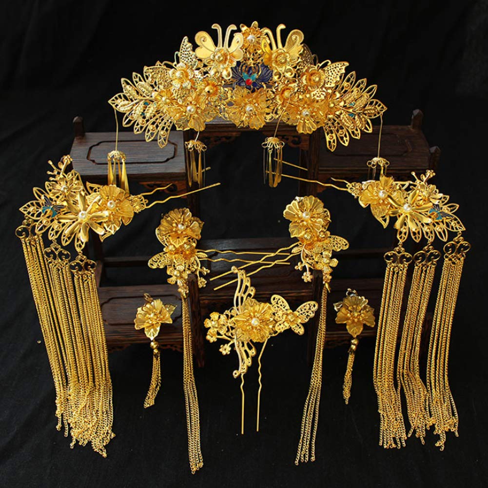 Golden costume Headdress Set Golden Phoenix Tassel Hat Tassel Costume Show Wo Clothing Hair Accessories Bride Classical Set