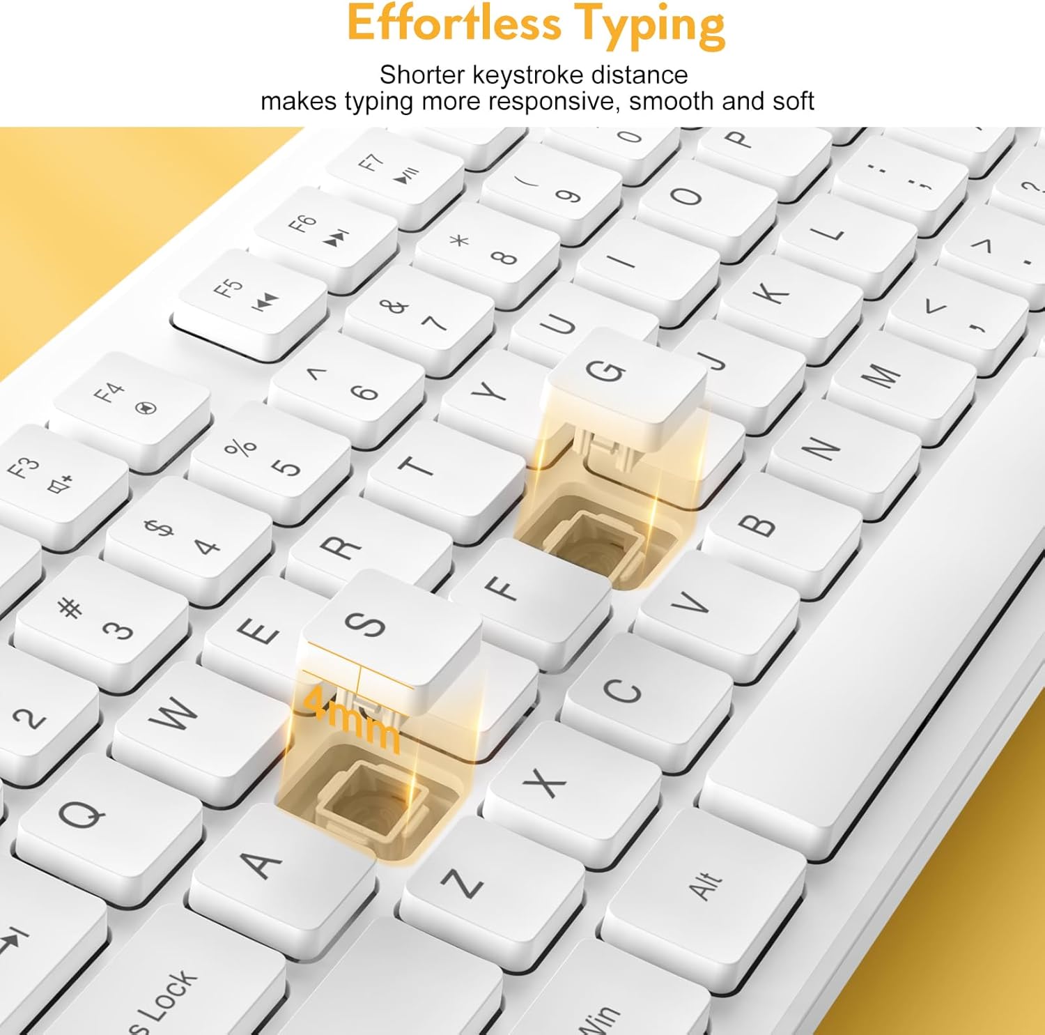 Close-up image of keyboard keys highlighting the shorter keystroke distance for effortless typing.