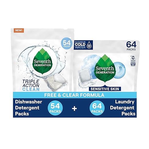 Seventh Generation Triple Action Clean Automatic Dishwasher Detergent Packs with Bio-Enzyme Power, Free & Clear, 54 count and Seventh Generation Laundry Detergent Packs, Free & Clear 64 ct