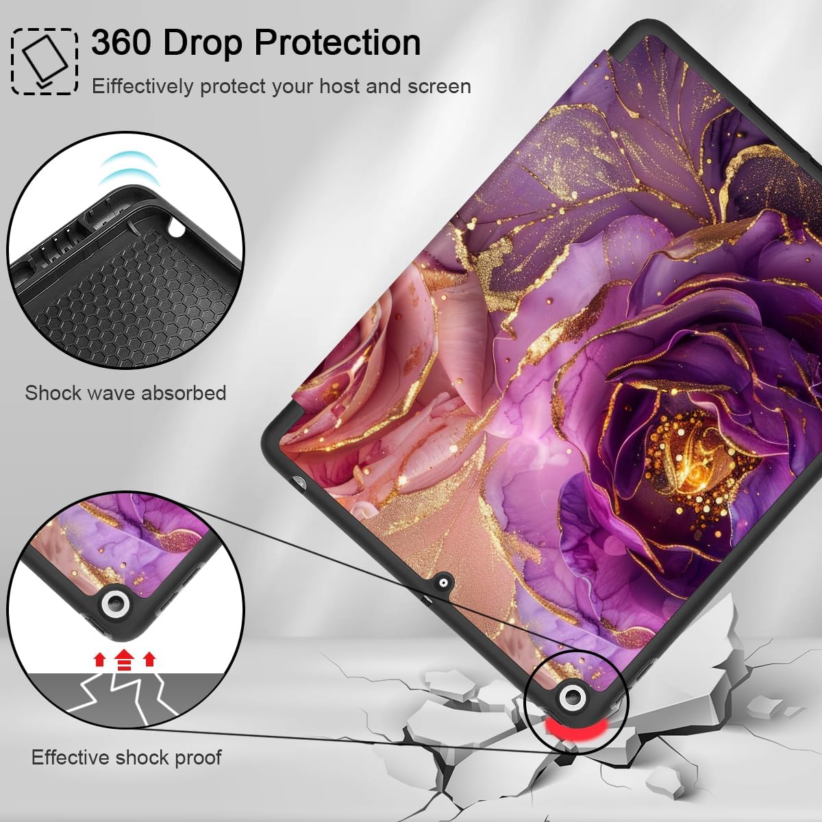 Mektron Designed Printed iPad 10.2" Case 9th Gen (2021)/ 8th Gen (2020)/ 7th Gen (2019) with Pencil Holder, Slim Stand Protective Case with Soft TPU Back for iPad 10.2 Inch, Marble Flowers