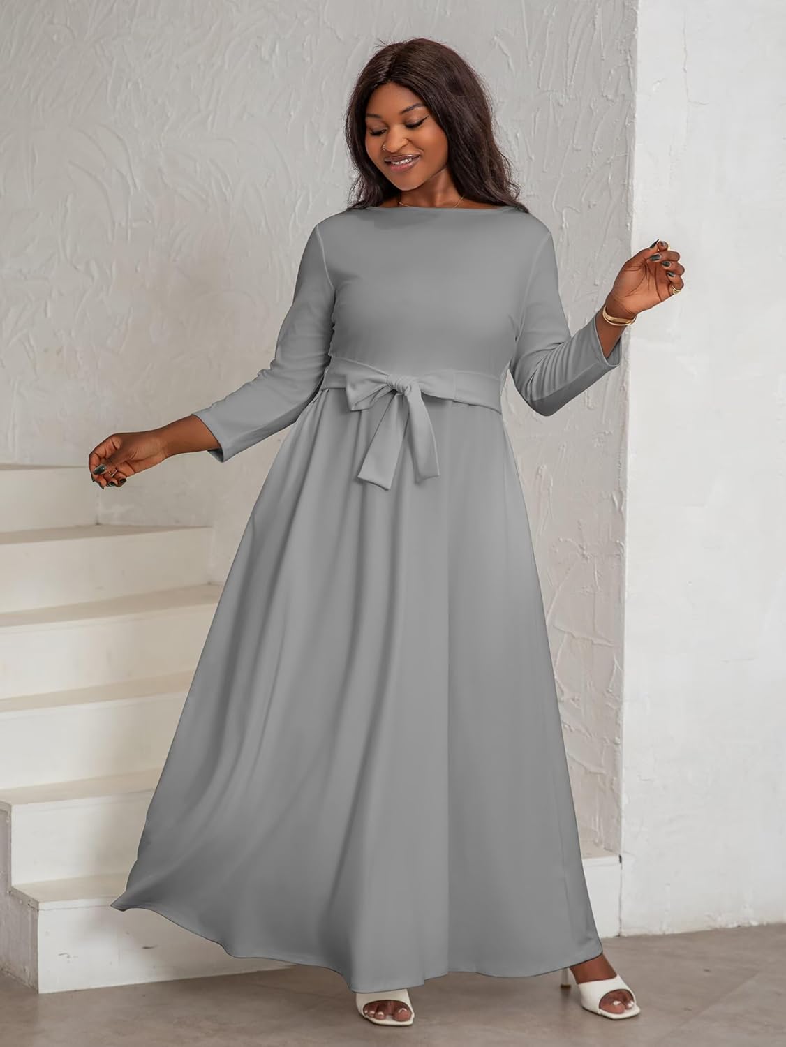 Plus Size Maxi Dress for Curvy Women with Belt Crew Neck 3/4 Sleeve Flowy Long Outfits Sizes L to 5XL - Image 9