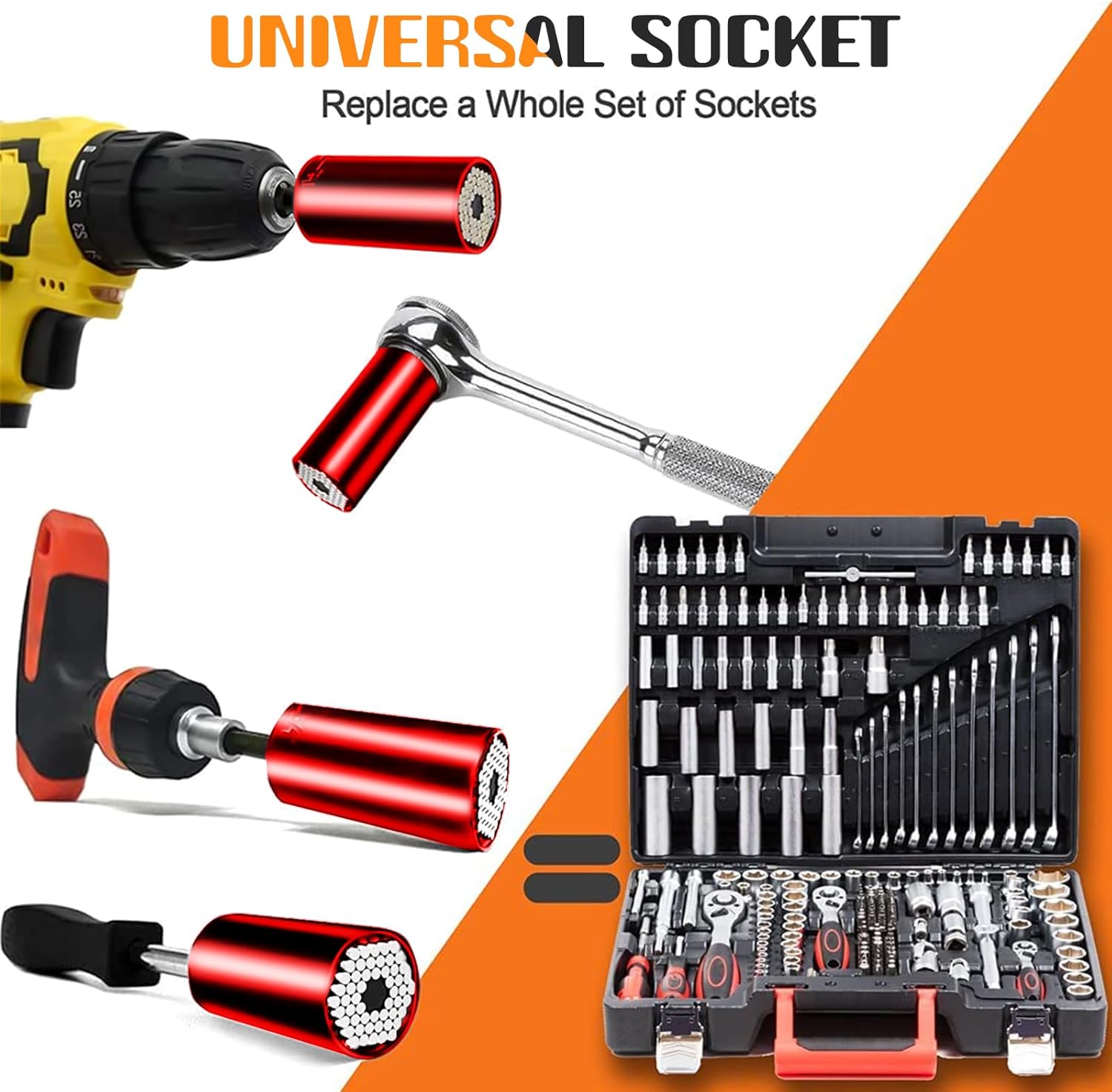 Universal Socket Tools Gifts for Men - Christmas Stocking Stuffers for Men Dad Him Husband Women Cool Stuff Ideas Gadgets Birthday Gifts for Dad Grip Socket Set with Power Drill Adapter (7-19mm) Red
