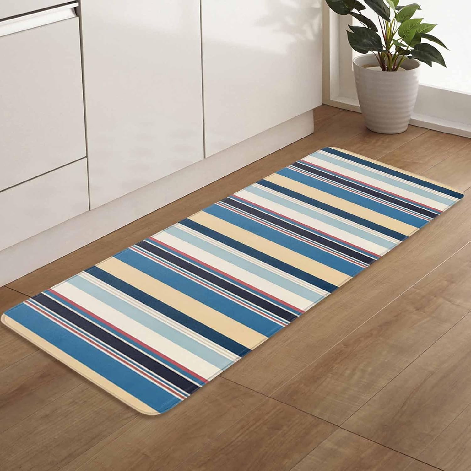 Blue Yellow Red Striped Kitchen Rugs and Mats Set of 2, Modern Stripes Art Farmhouse Absorbent Bath Runner Rug Washable Floor Door Mats Throw Accent for Bedroom Bathroom Entrance Tub Sink Long