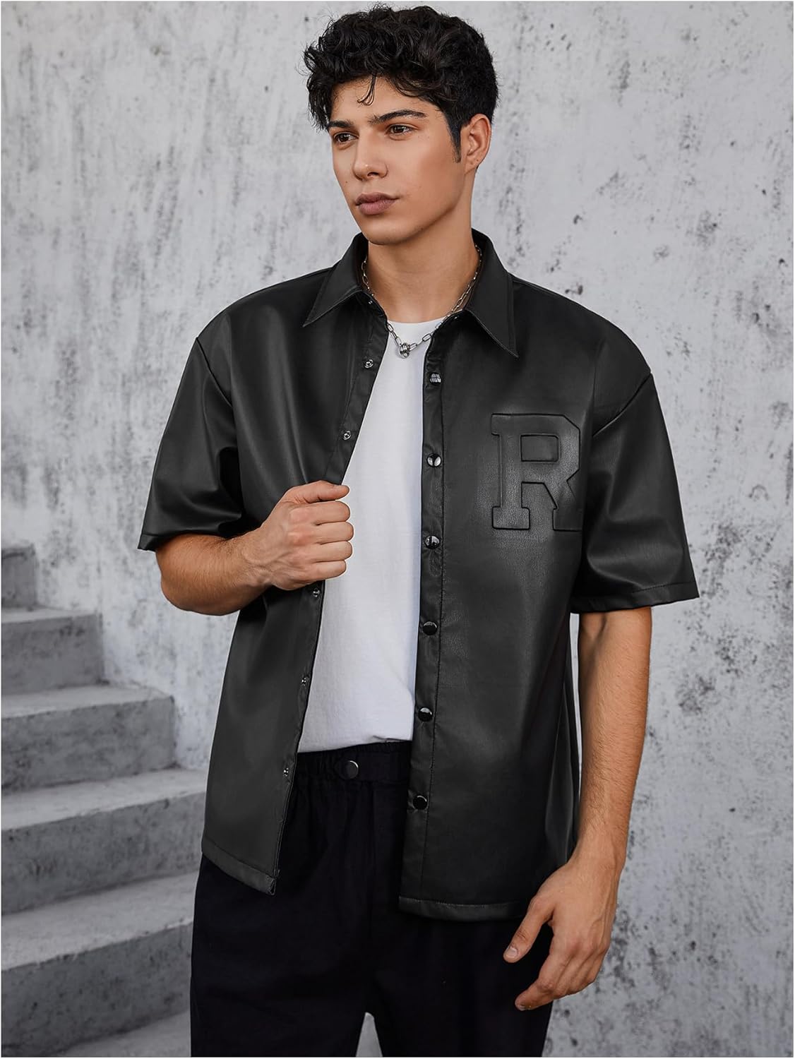 SHENHE Men's PU Leather Button Down Short Sleeve Shirt Collared Dressy Fashion Top Streetwear - Image 4