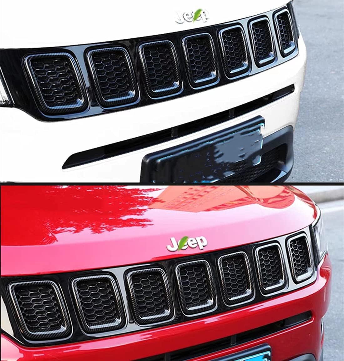 Grille Inserts Grill Cover Compatible with Jeep Compass 2017-2021 Front Grill Cover Rings Frame Trims Kit 7PC (Carbon Fiber Look)