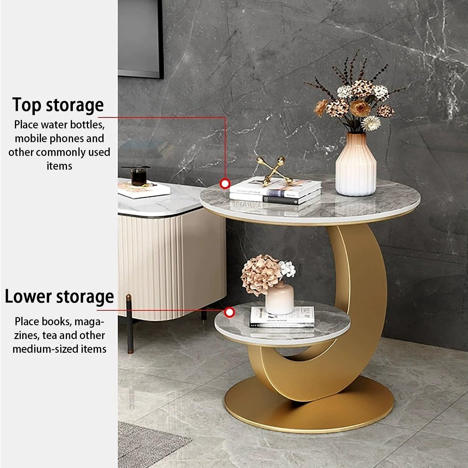 dener moderner minimalistischer Nachttisch mit doppelschichtiger Schiefer-Arbeitsplatte - kleines rundes Design für Schlafzimmer und Wohnzimmer perfektes Aufbewahrungsregal.