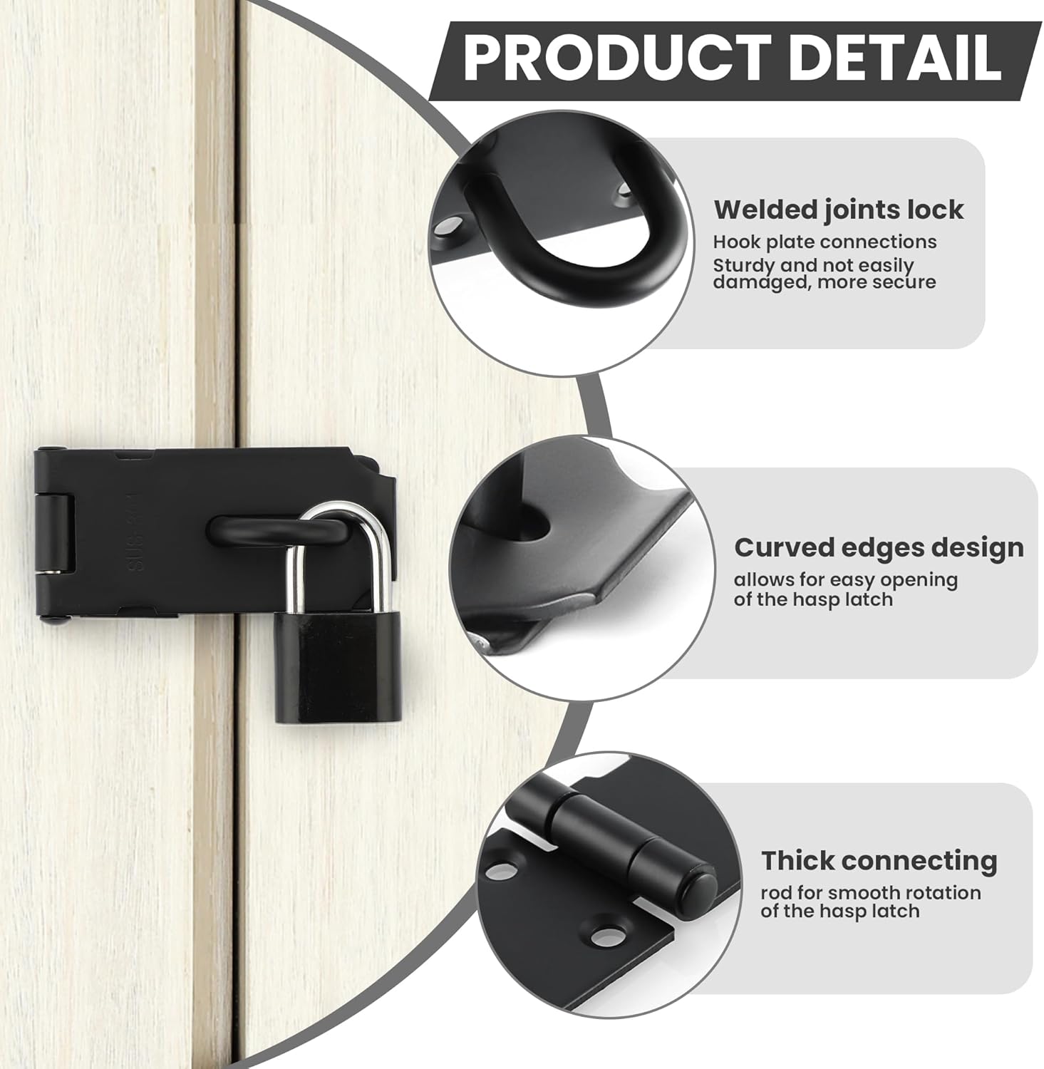 Alise 2pcs Door Locks Hasp Latch,3 Inch SUS 304 Stainless Steel Safety Packlock Clasp Hasp Lock Latch,with Fixing Screw for External Doors Window Cabinet Pet Cage,MS9B-3C-2P