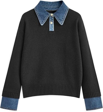 GUNEST Womens Oversized Sweater Denim Polo Knit Collared Fall Sweater