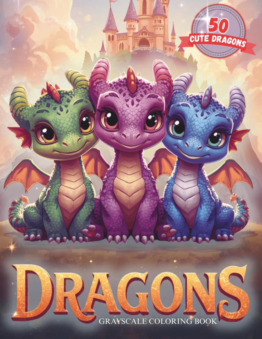 Dragons Grayscale Coloring Book - 50 Cute Dragons | Large 8.5 x 11 inch format for comfortable coloring | Singe-Sided Pages (Dragons and Castles Grayscale Coloring Book)