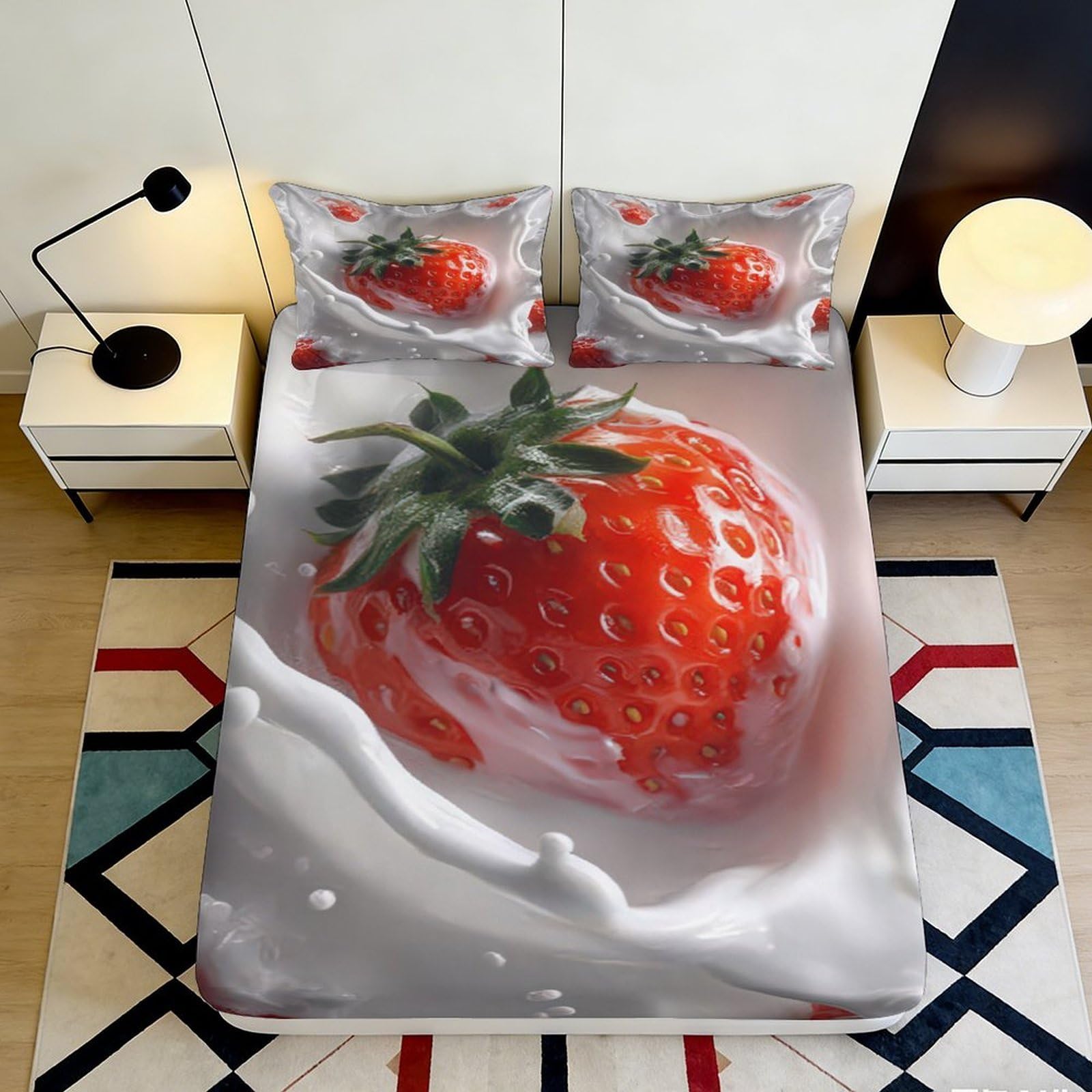 3D Printed Strawberry Splash Fitted Sheet Microfiber Soft Non-Slip Red Fruit Bed Cover for Bedroom Guest Room Decor 90x200x25cm