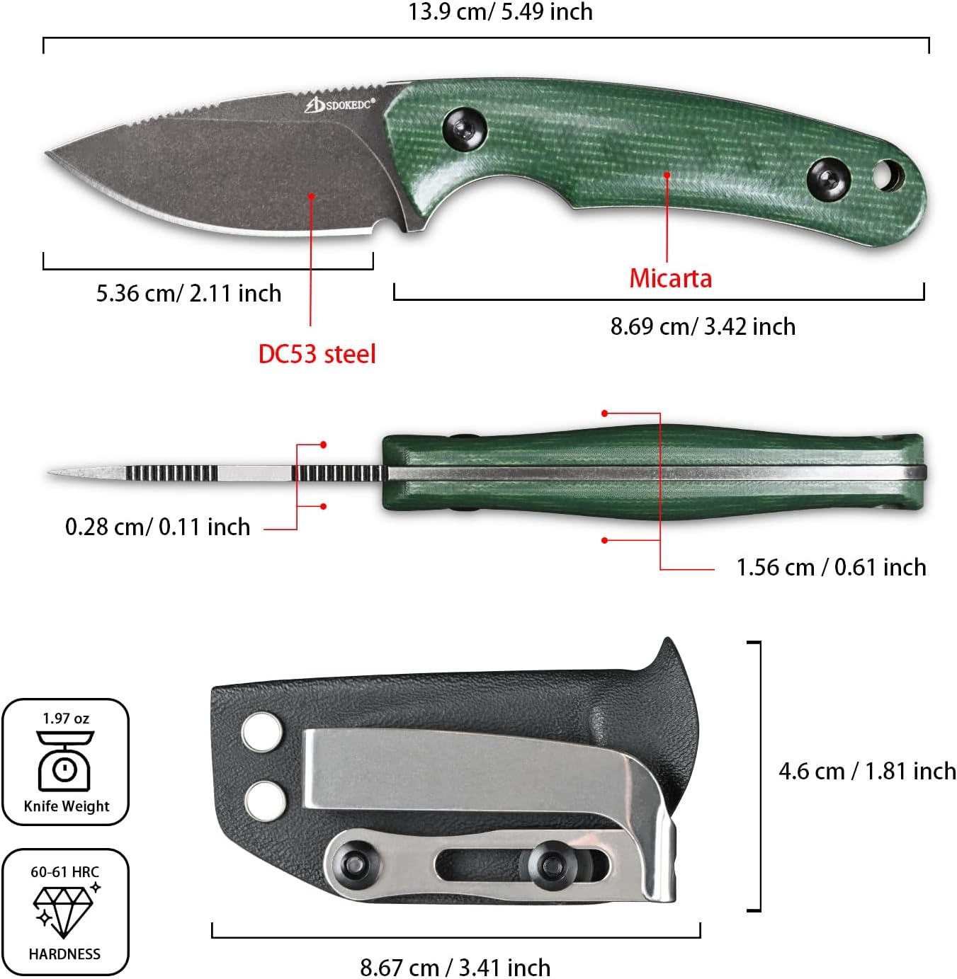 Knives DC53 Steel Tactical Hunting Small Fixed Blade Knife Micarta Handle with kydex sheath for Men EDC Outdoor Camping Survival (Black + Green)