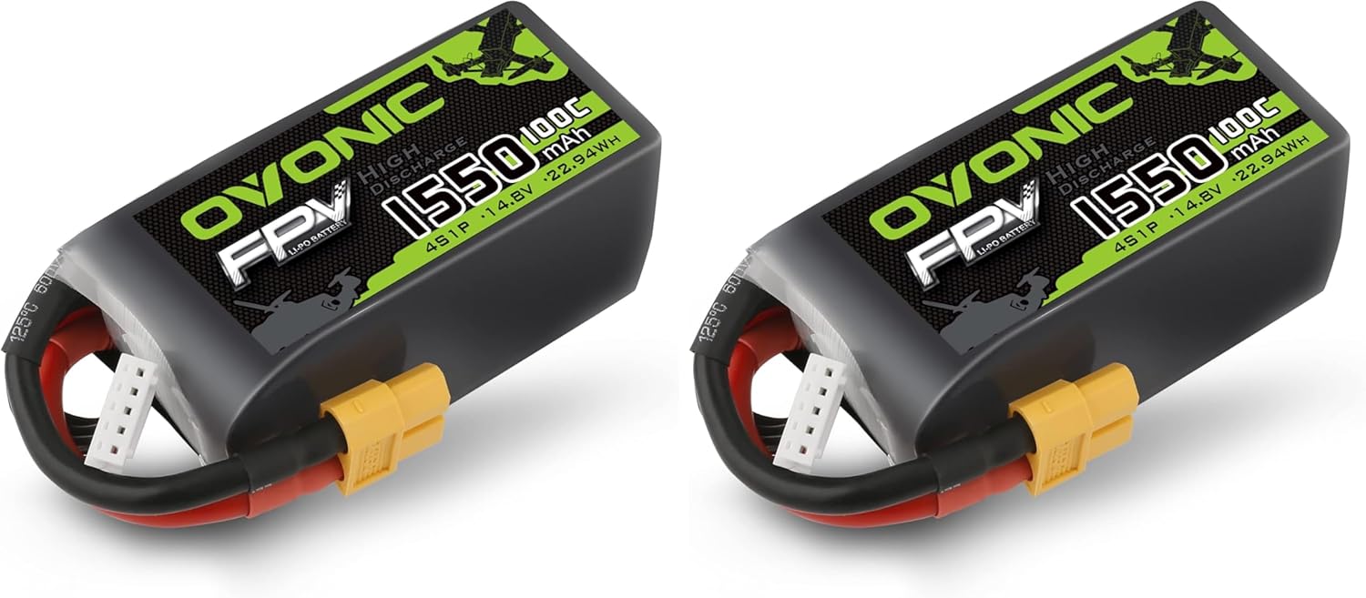 OVONIC 4s Lipo Battery 100C 1550mAh 14.8V Lipo Battery with XT60 Connector for RC FPV Racing Drone Quadcopter (Pack of 2)