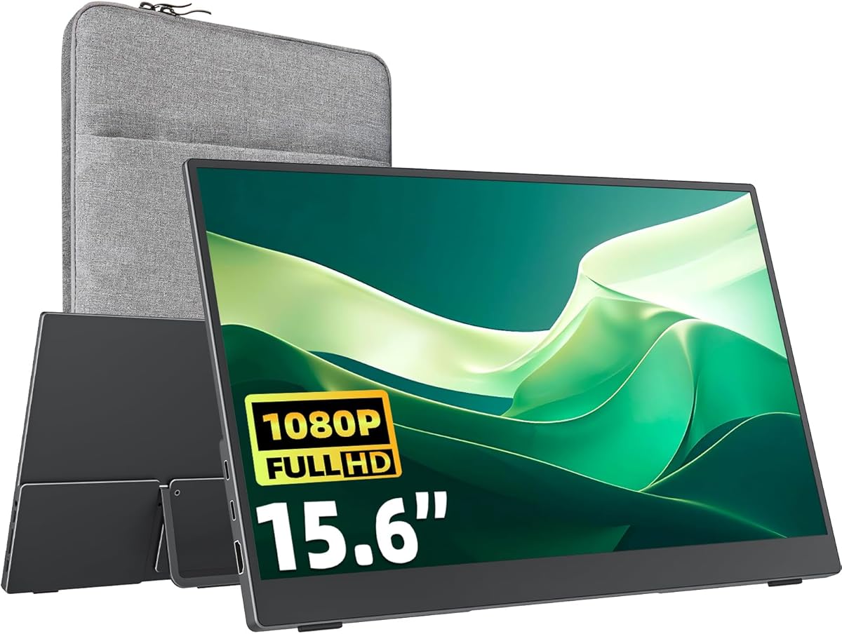 cocopar Draagbare monitor 15,6 inch (39,6 cm) verbeterde reis-1080p met luidspreker, standaard HDMI USB-C externe monitor voor laptop MacBook Surface PC Xbox PS5 met ingebouwde standaard & VESA