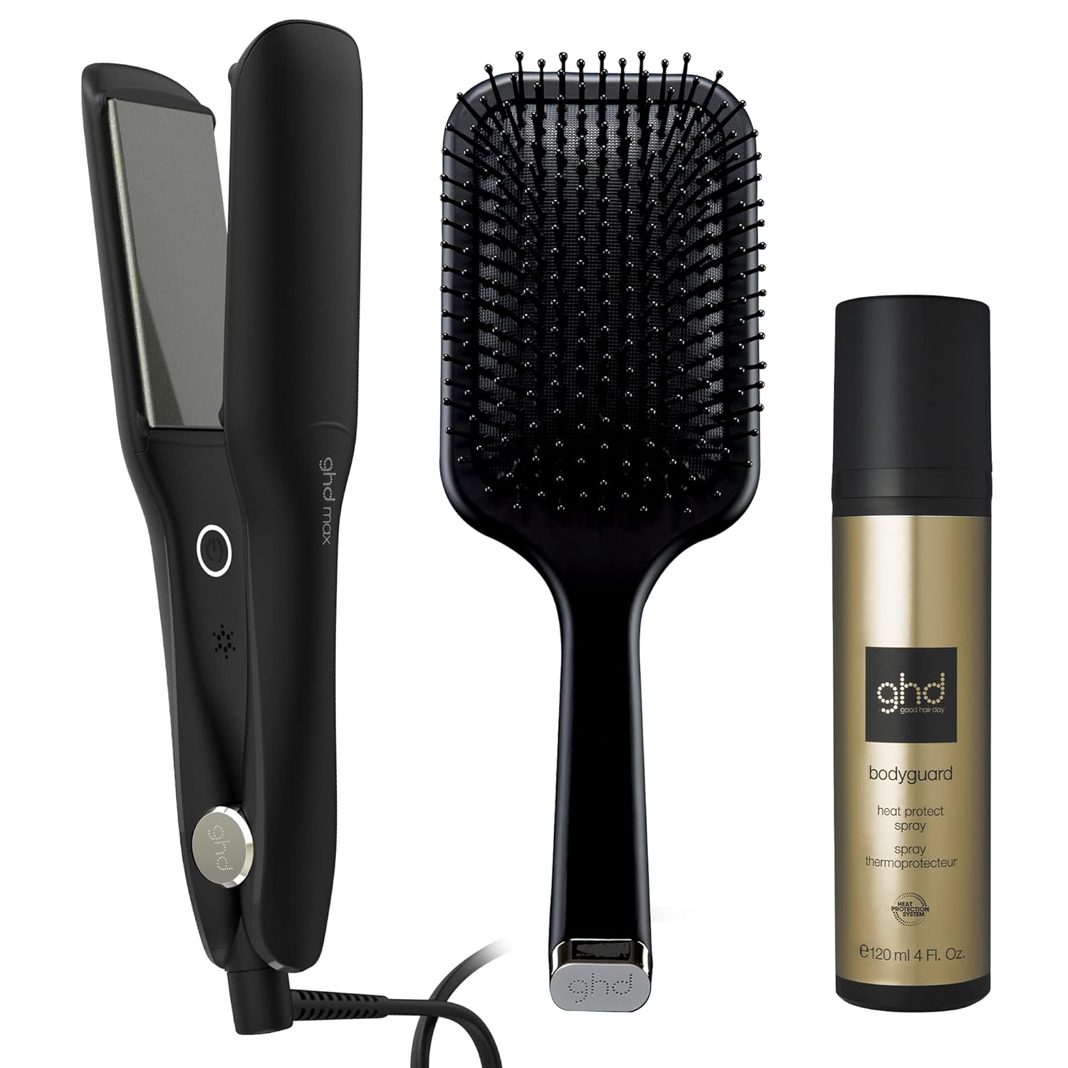 ghd Max Styler Essentials Trio ― Max 2″ Wide Plates Flat Iron Hair Straightener (Black), Bodyguard Heat Protect Spray (4 fl. oz.), and Paddle Detangling Hair Brush for Thick Hair (Black) ghd Max Styler Essentials Trio ― Max 2″ Wide Plates Flat Iron Hair Straightener (Black), Bodyguard Heat Protect Spray (4 fl. oz.), and Paddle Detangling Hair Brush for Thick Hair (Black)
