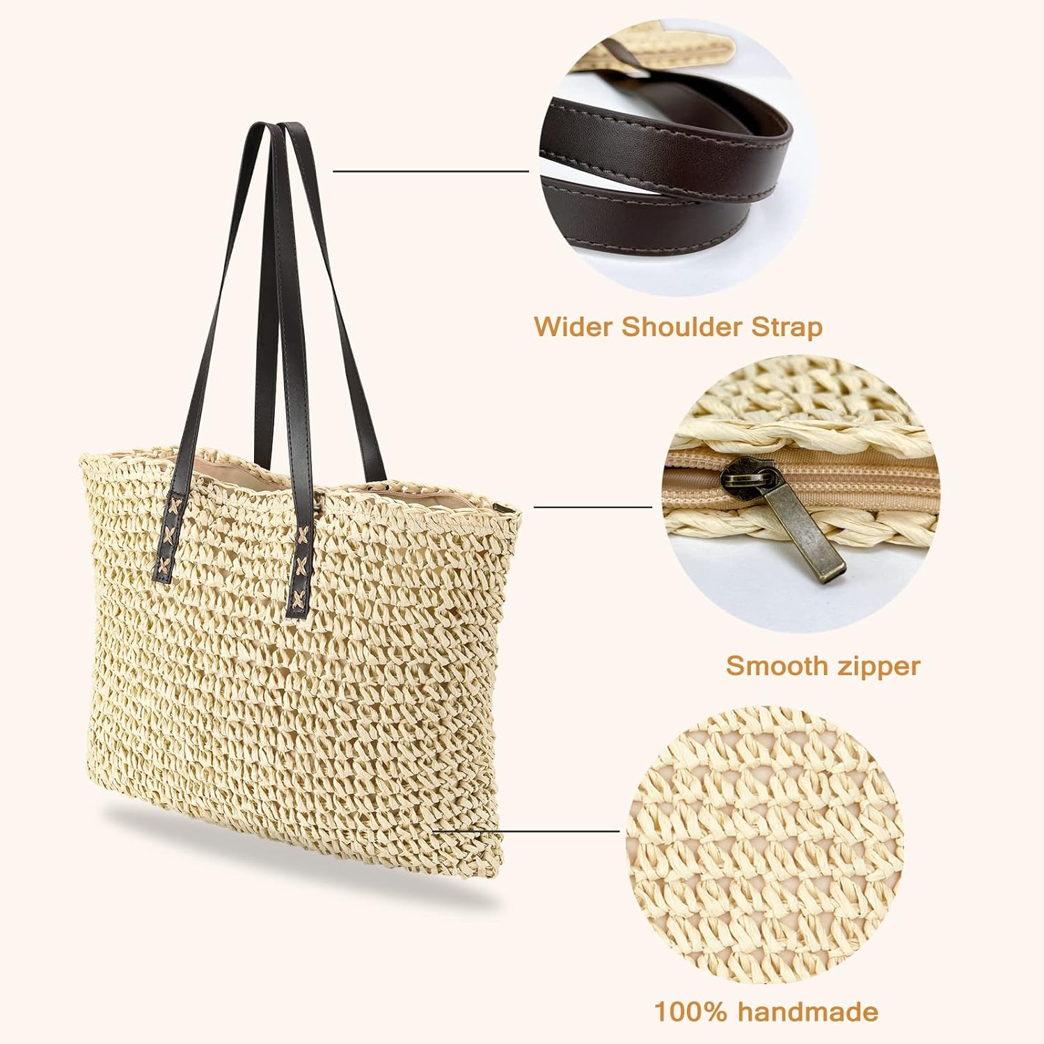 VODIU Straw Tote Shoulder Bags For Women Handbag Summer Beach Travel Large Capacity PU Leather Handle Shopper Bag…