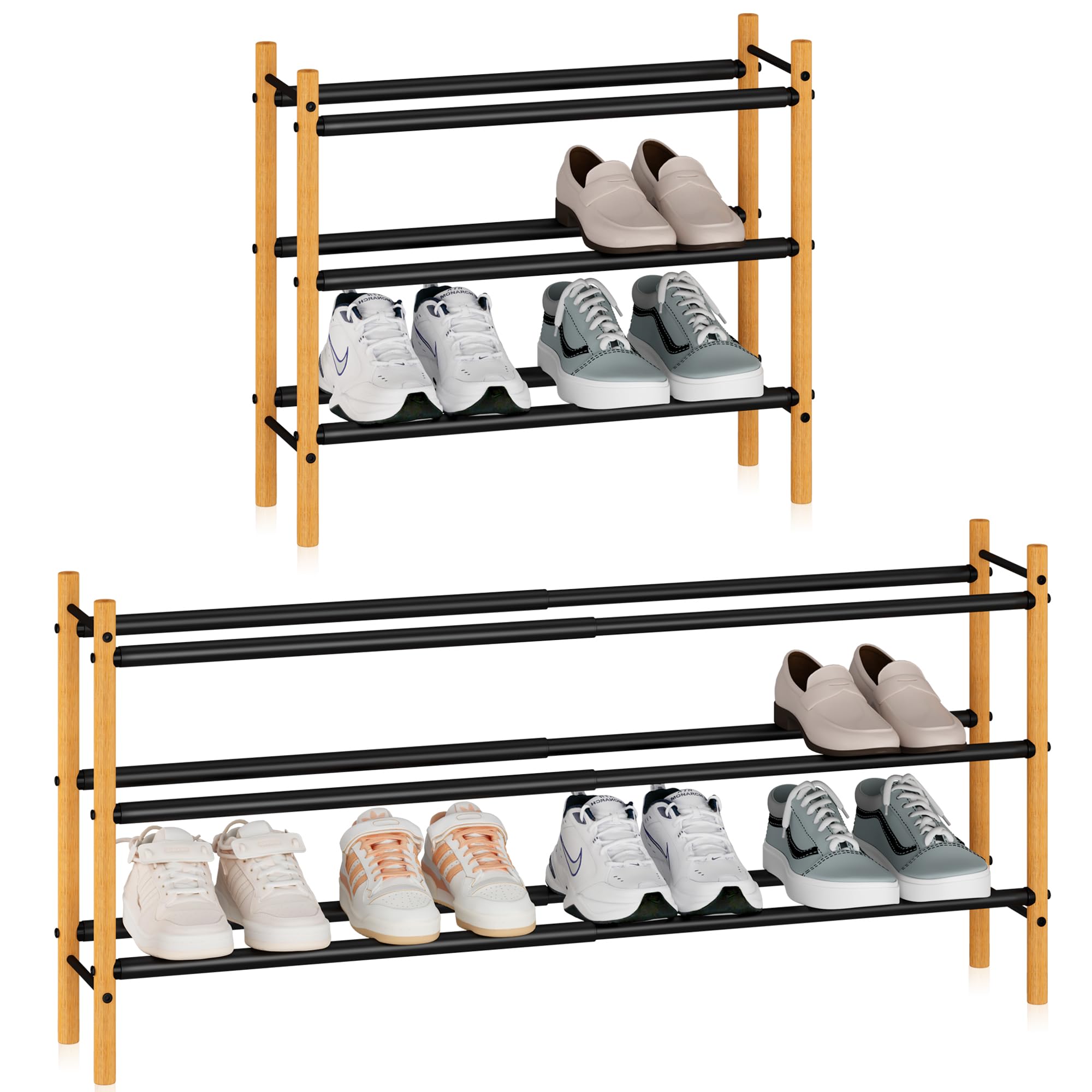 Storage MANIAC 3-Tier Expandable Metal Shoe Rack Closet Entryway Stackable | Fits 12+ Pairs • Width Adjustable Shoe Storage Organizer • Bamboo & Metal Shelves • Space-Saving Freestanding Shoe Holder
