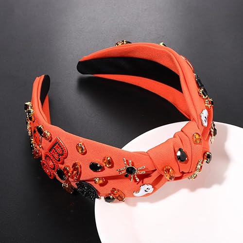 Miniatura 4 de Diadema de Halloween para mujer, diadema anudada de perlas de cristal, con cuentas de calabaza adornada con nudo ancho, accesorios de Halloween,