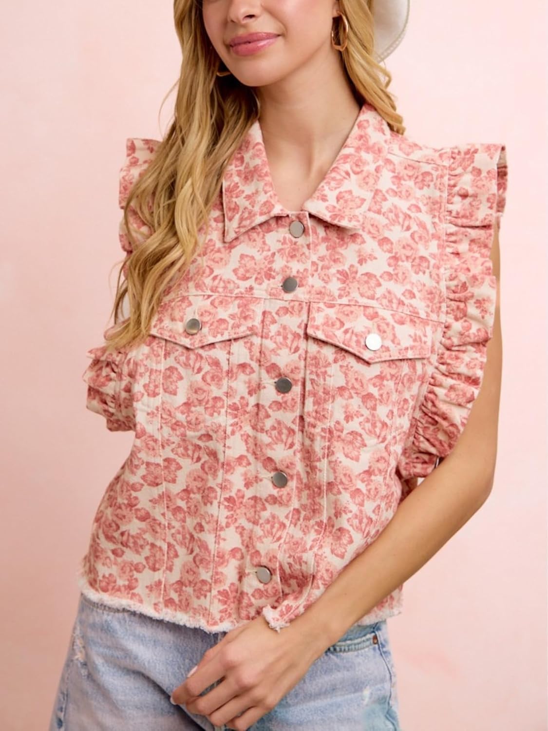 Women's Distressed Ruffled Sleeveless Denim Vest Button Down Frayed Hem Jean Jacket Turn Down Collar Waistcoat