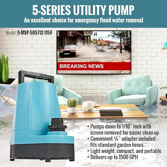 Little Giant 5-MSP 115-Volt, 1/6 HP, 1500 GPH, Aluminum Manual Utility Pump, 25-Ft. Cord, Blue 505712