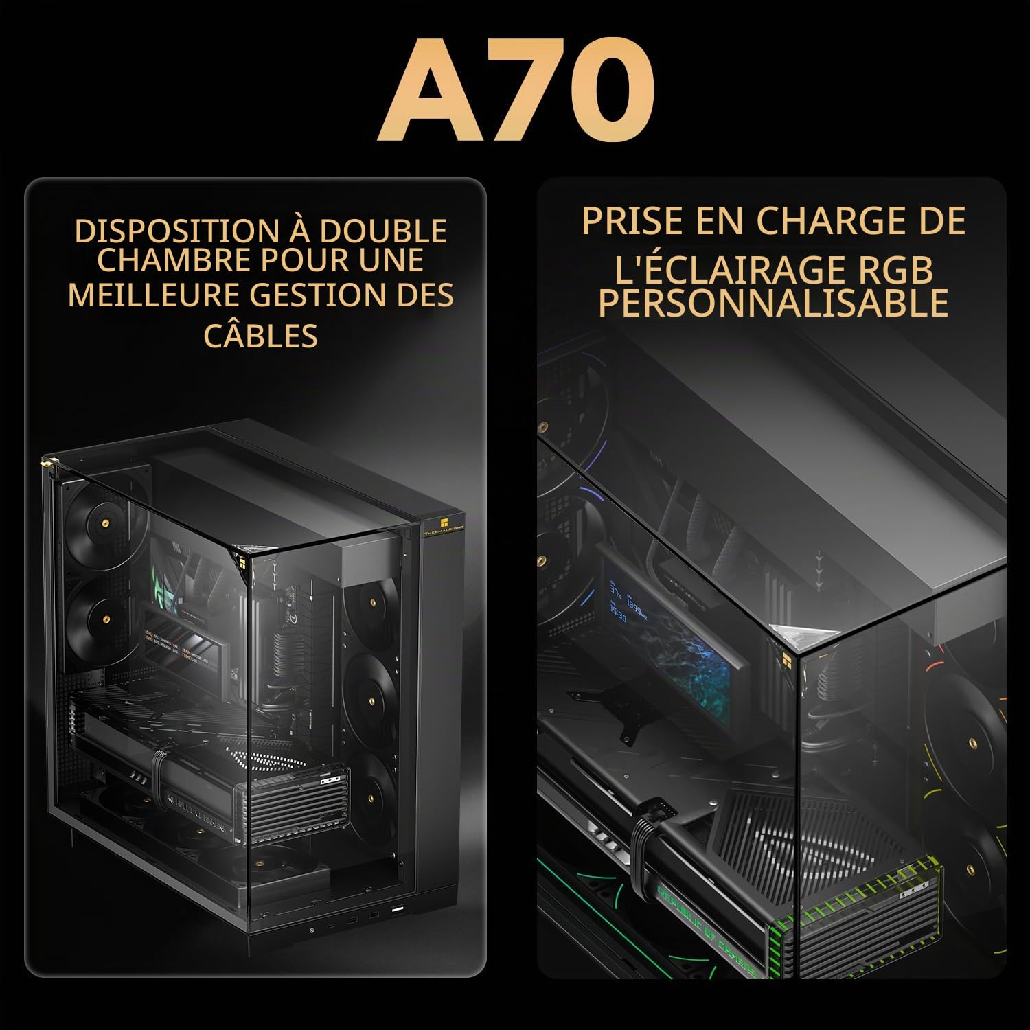 Thermalright A70 Châssis PC - 270° Panorama - Verre Trempé ATX Tour Midi, supporte Carte mère ATX/GPU 420mm, Gestion des câbles cachée - Noir