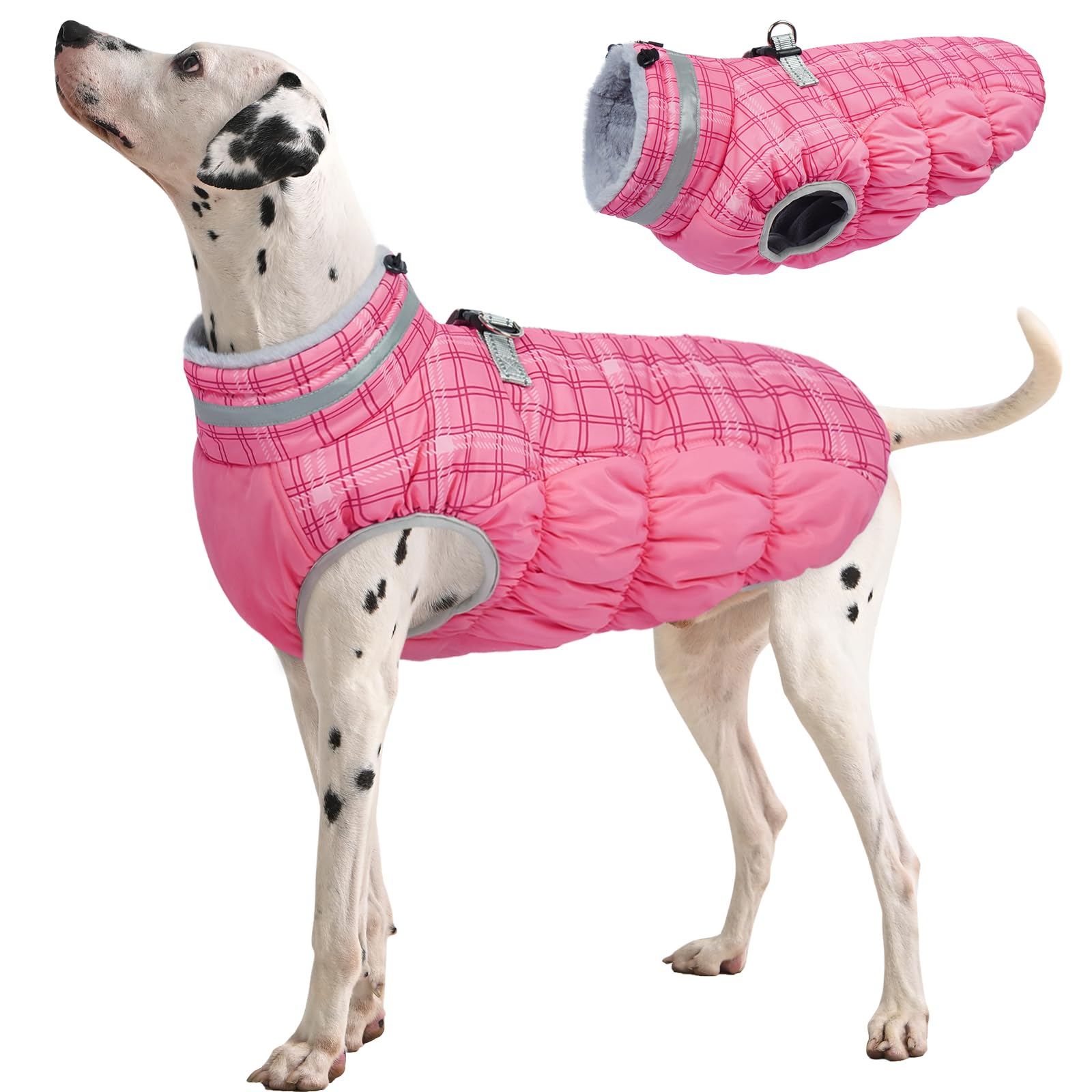 FUAMEY Dog Winter Coat Fleece Warm Large Dog Coat with Harness Built in