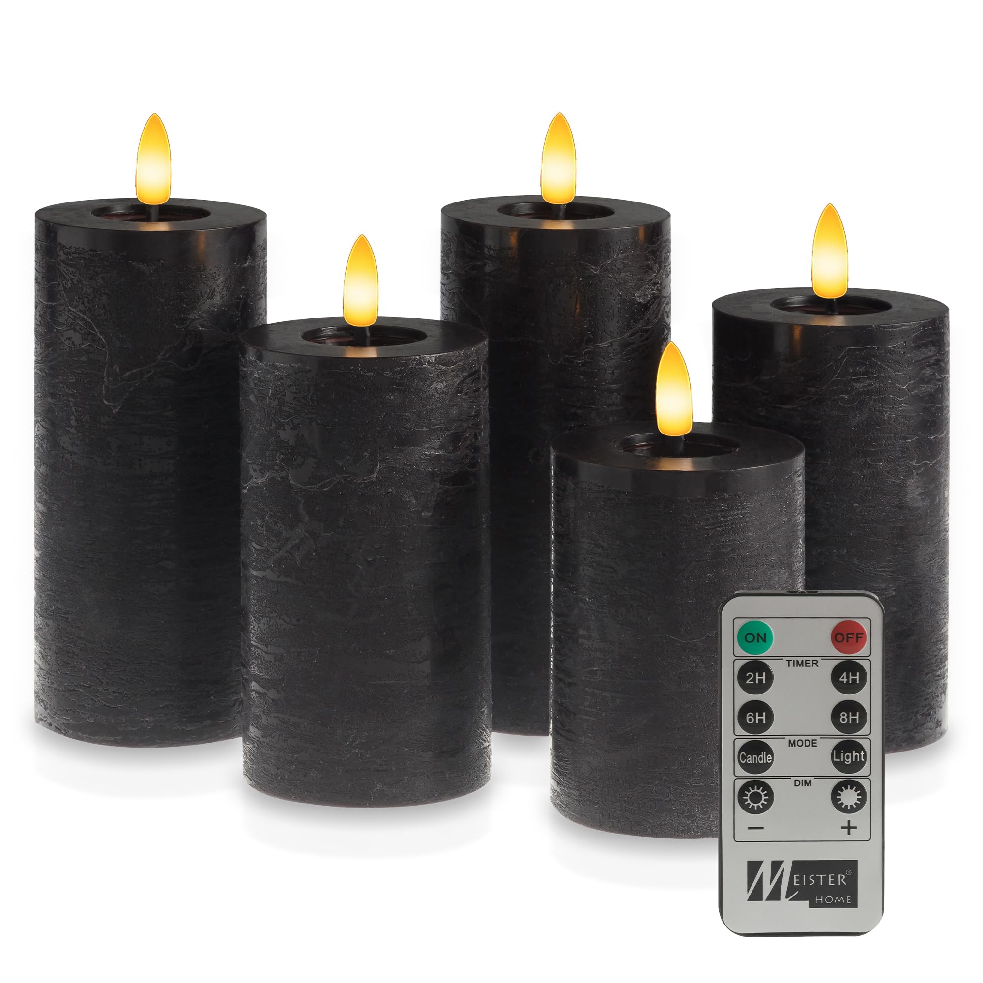 Meisterhome® LED-Kerzen 5er-Set Flammenlos Schwarz – Ø7 cm, Höhen 10/12,5/15 cm – Stumpenkerzen mit Fernbedienung & Timer – warmweißes Licht – flackernde Flamme – Rustik-Design – batteriebetrieben