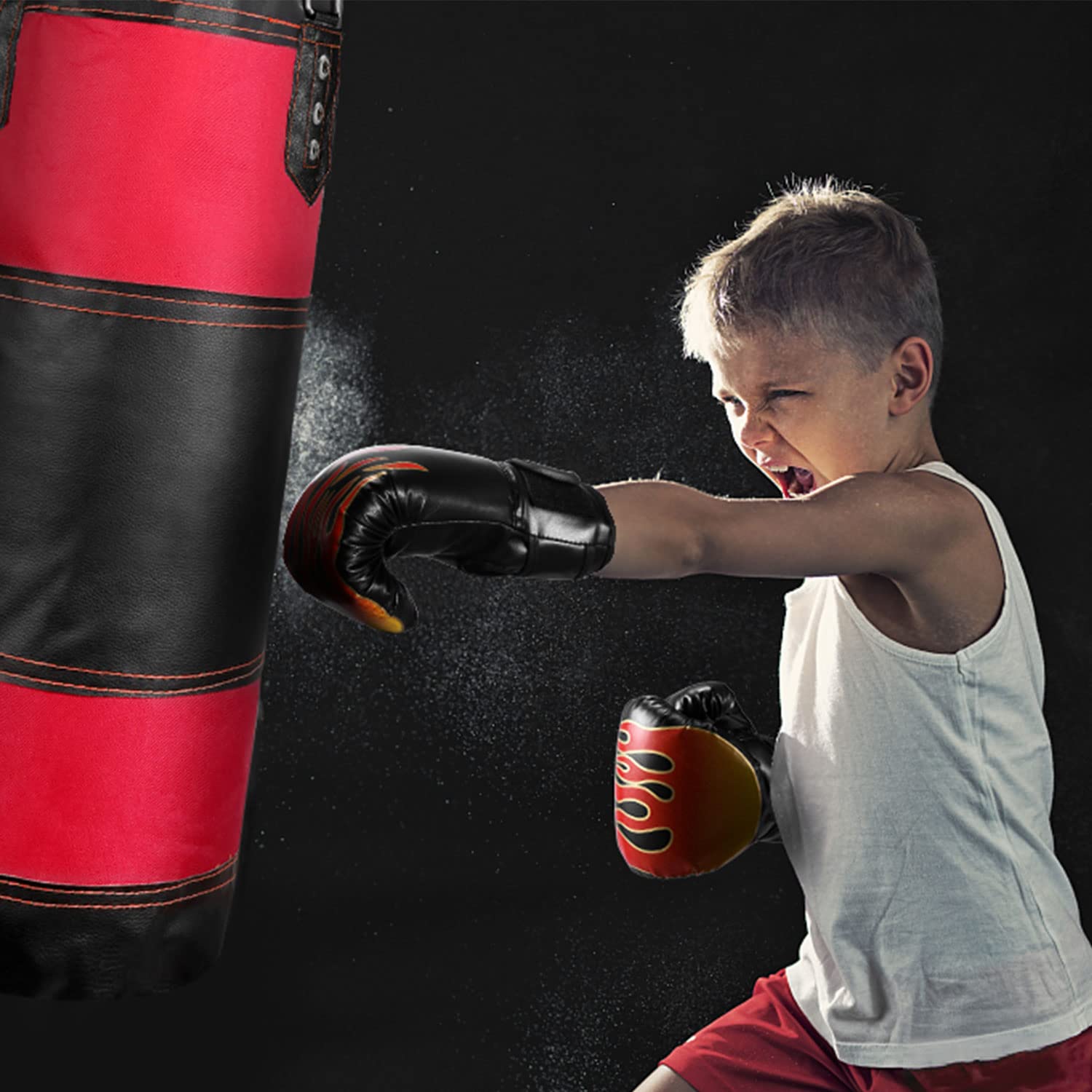 Odoland Sac de Frappe Professionnel avec Gants de Boxe 6OZ, Protège-Poignet, Chaînes et Suspension Support Plafond, Sac Boxe sans Sables Rempli Lourd MMA Muay Thai Kickboxing pour Enfants Adolescents