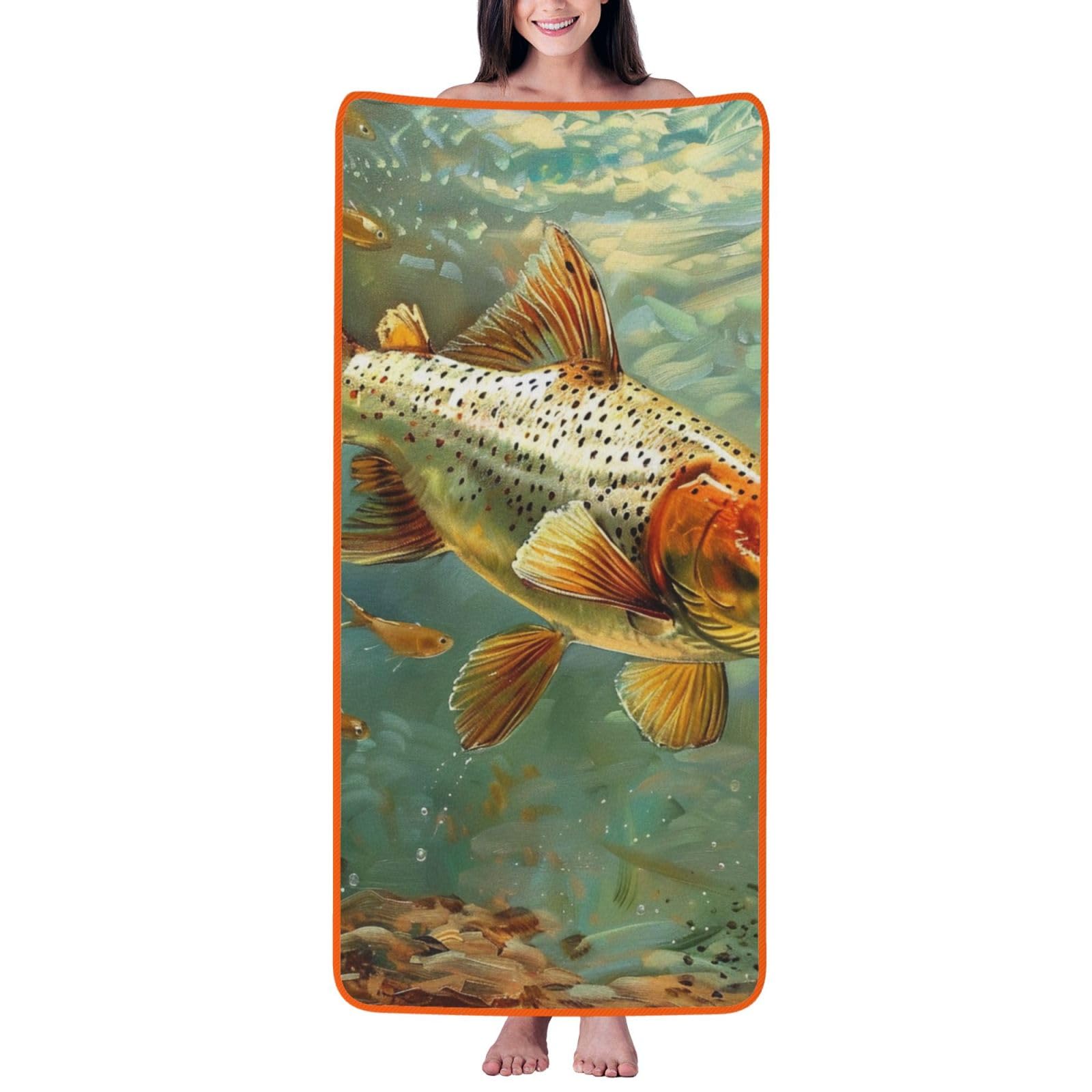 WPKJU Fly Fish Printed Bath Towel with Orange Edging - 27x55 in Soft Extra Absorbent Coral Velvet Shower Towels for Bathroom