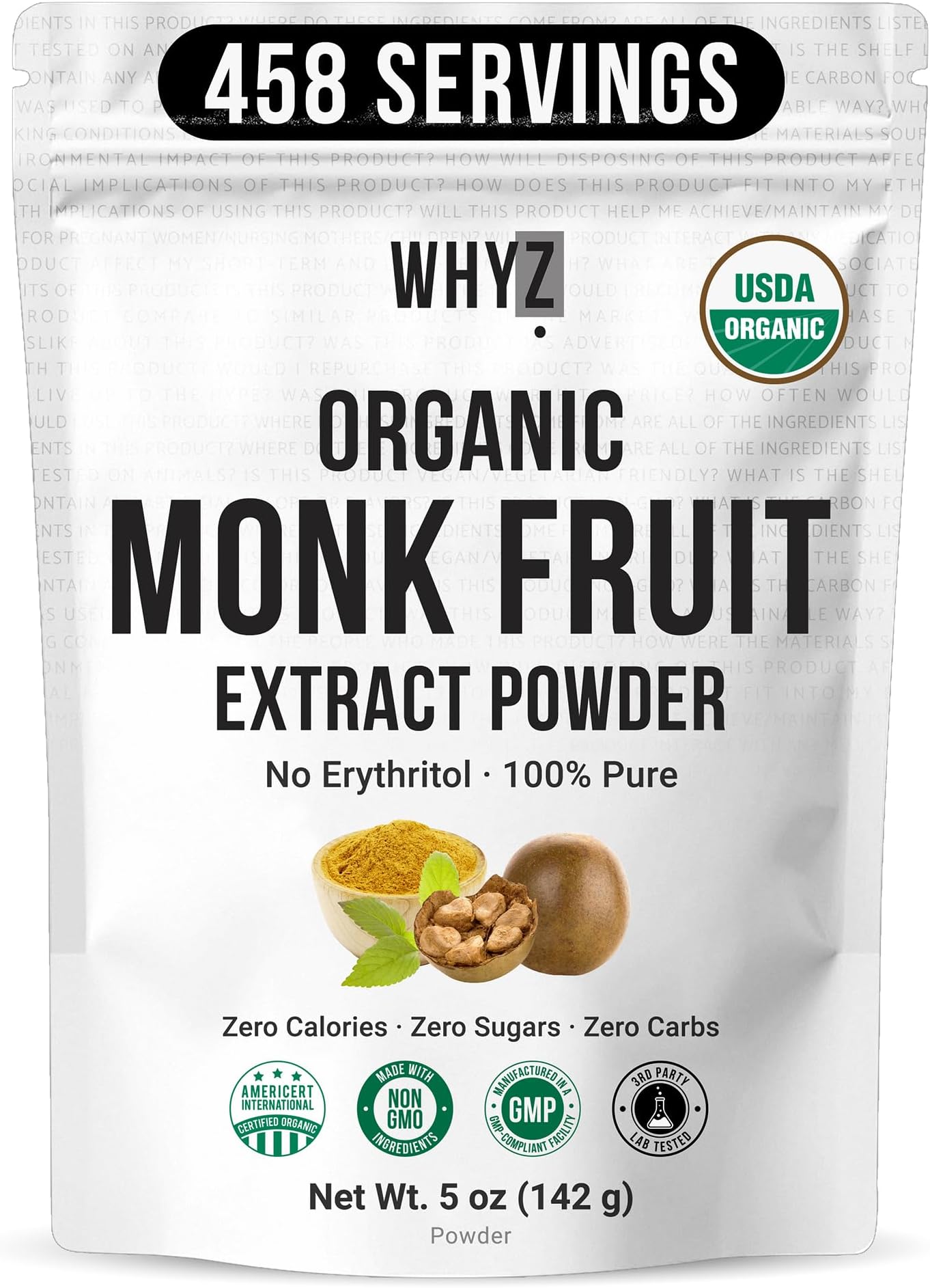 Organic Monk Fruit Extract, 5 oz, Pure Monk Fruit Sweetener Organic No Erythrytol and Zero Calorie, Sugar Substitute, Powdered Monkfruit Sweetener Keto and Paleo Diet Friendly, 458 Servings