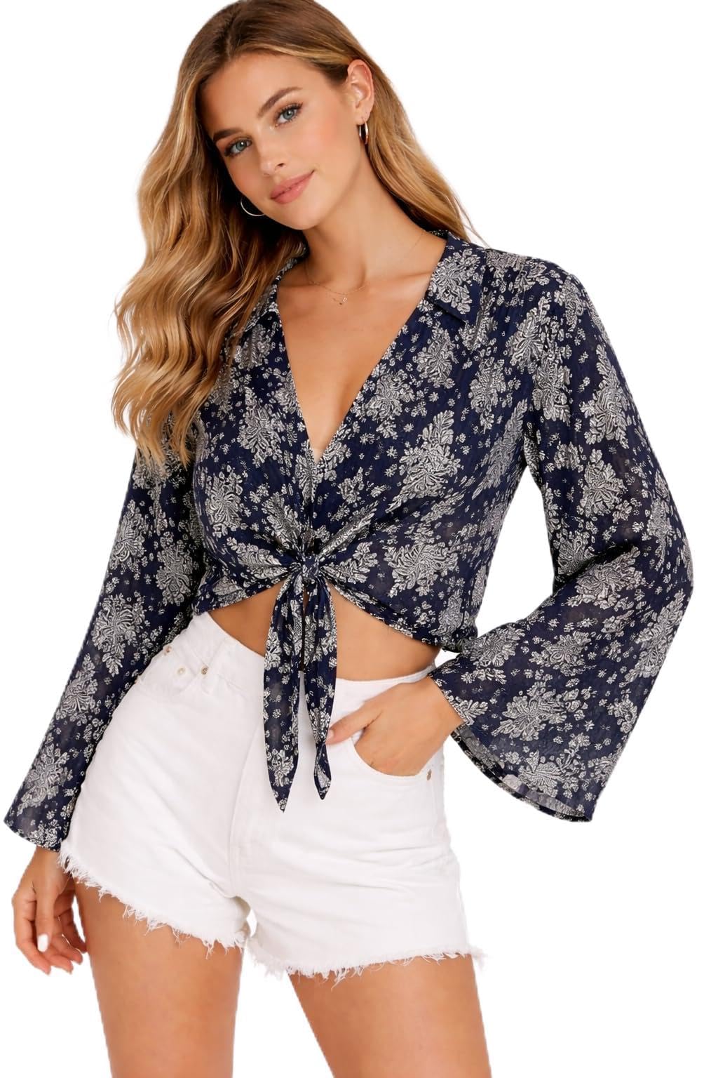 nobarr Women's Dark Blue Floral Print Polyester Tie-Up Shrug Top (Free Size, Loose Fit)-picture-14