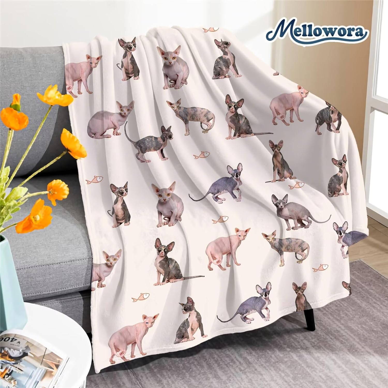 Pink Sphynx Cats Blanket Gifts for Boys Girls, 80"x60"Hairless Naked Cats Throw Blanket for Adults, Cute Kitten Plush Fish Decor Gifts Teens Flannel Cartoon Hairless Cat Throws for Bedroom Sofa Chair