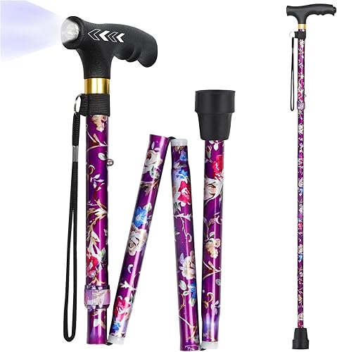 JUNRA Bastón para mujer con luz LED, bastón plegable para hombres y personas mayores, bastón de aluminio plegable ligero, bastón de altura ajustable