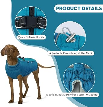 IDOMIK Warm Dog Coat with Harness, Waterproof Reflective Dog Jackets for Large Dogs, Fleece High Collar Winter Jacket with Zipper, Pet Winter Snowsuit Clothes for Cold Weather,Green 2XL