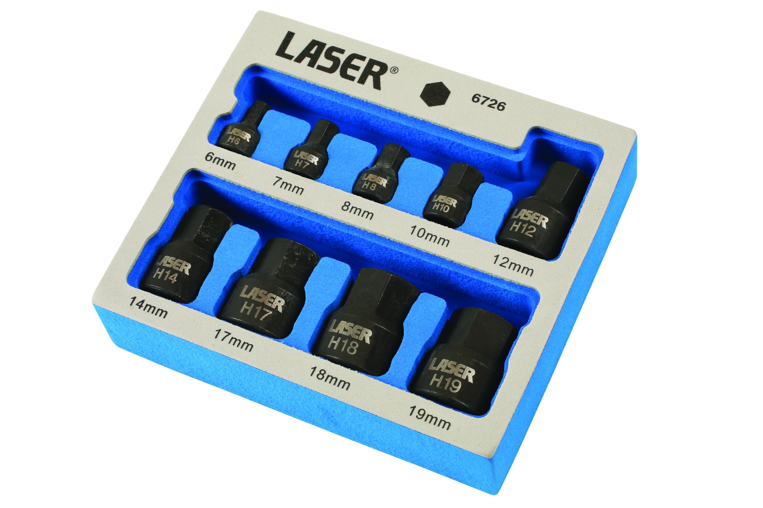 Laser 6726 Low Profile Impact Hex Socket Bit Set 1/4"D, 3/8"D 9pc, Silver