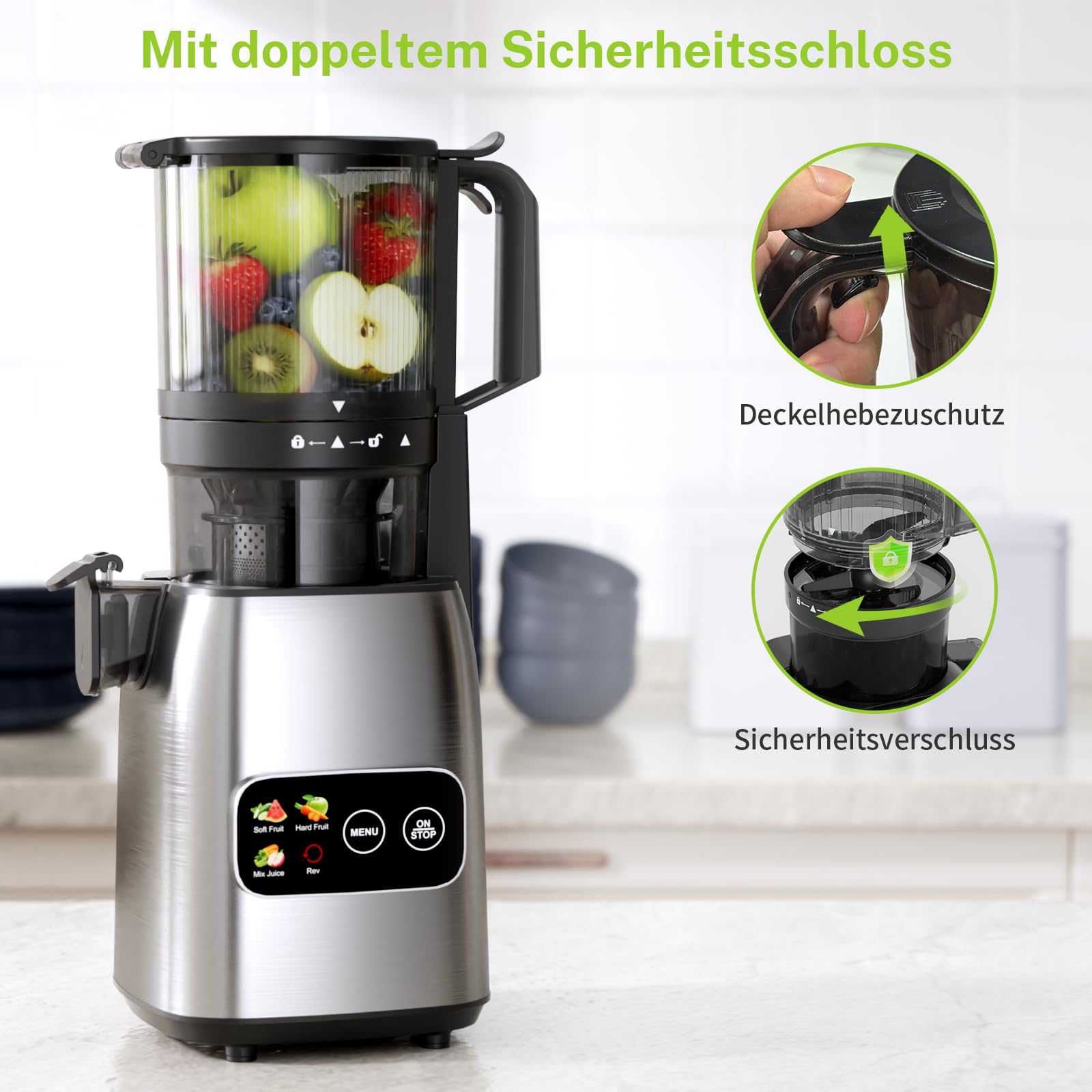 Kismile Entsafter mit modernem Touchscreen, 135 mm XXL-Einfüllschacht, Hohe Saftausbeute für Gemüse & Obst, 300 Watt leiser Motor, Leicht zu reinigen & BPA-frei, Schlankes Design