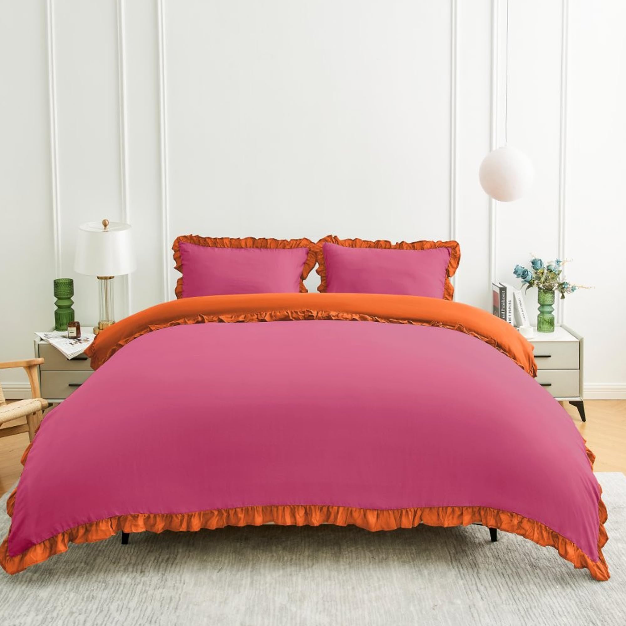 Lions Reversible Bedding - Ruffle Duvet Cover Set Single Bed Size - Hot Pink Orange Bedding Sets with Matching Pillowcase, 100% Polyester, Soft Microfibre Frilly Quilt Covers, 137x200cm