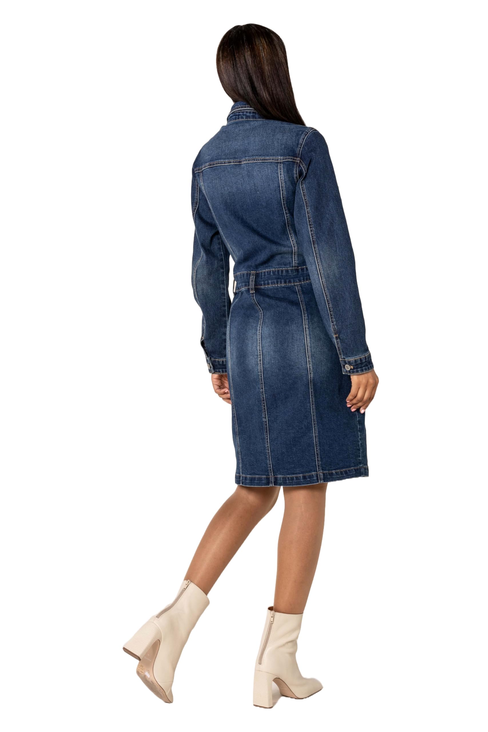 Nina Carter S538 Damen Jeanskleid mit Knöpfen Langärmlig Denim Kleid Stretch Knielang Blusenkleid Used-Look