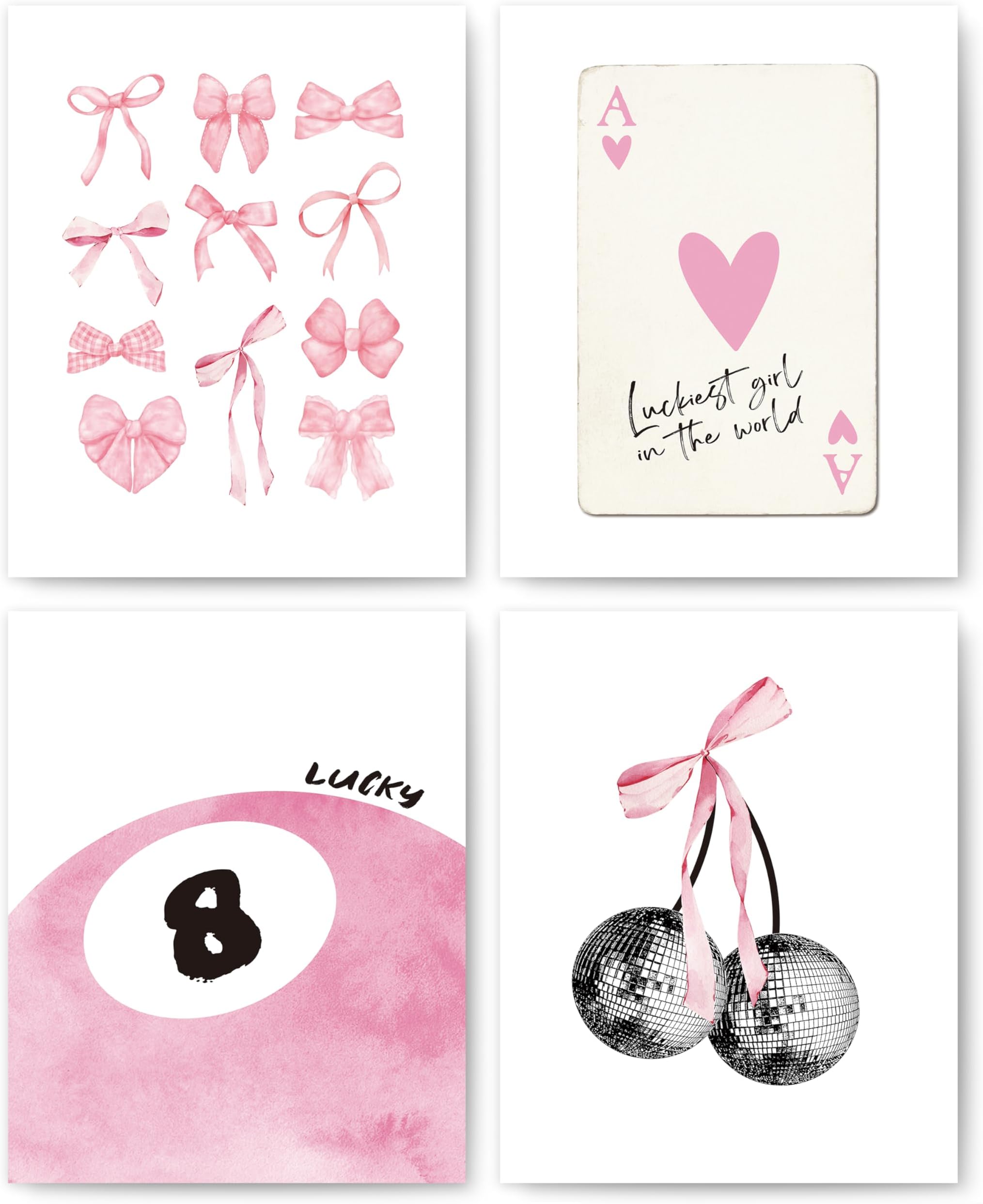 okaxscm Pink Coquette Trendy Preppy Wall Art Prints Set of 4, Coquette Room Decor, Preppy Room Decor Aesthetic, Pink Bow Disco 8 Ball Cherry Wall Decor Posters for Girls Bedroom Dorm, 8x10 Unframed