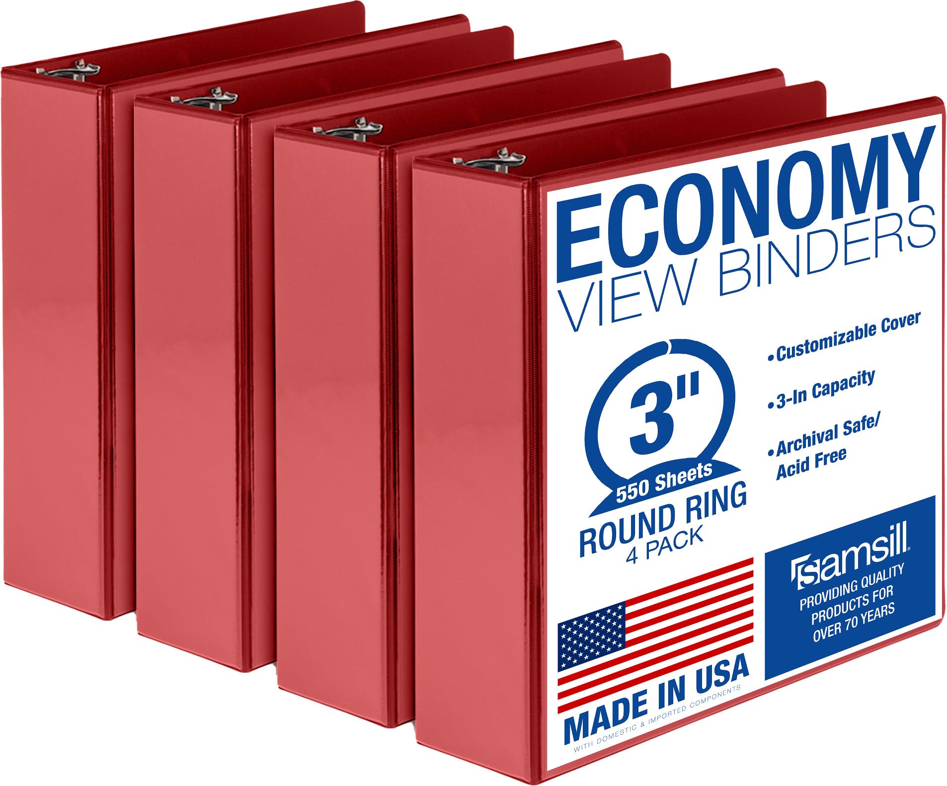 Samsill 3 Inch 3 Ring Binders, Economy Round Ring, Clear View Cover, 550 Sheet Capacity - for School, Home, Office - Red, 4 Pack