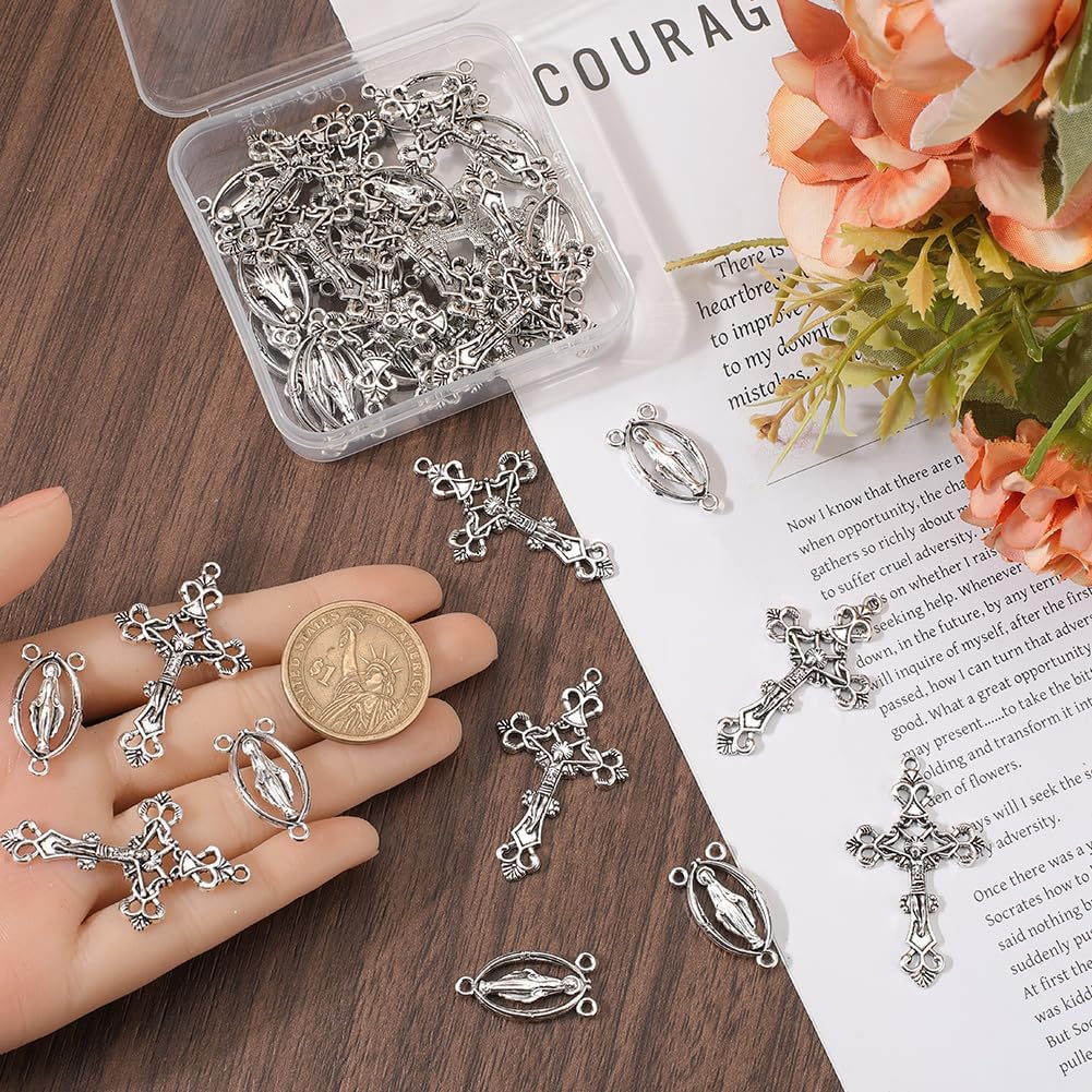 SUNNYCLUE 1 Box 40Pcs Silver Crucifix Charms Rosary Cross Charms Vintage Easter Metal Oval Chandelier Links Alloy Connectors Charm for Jewelry Making Charms Supplies DIY Necklaces Crafts Handmade - Image 3