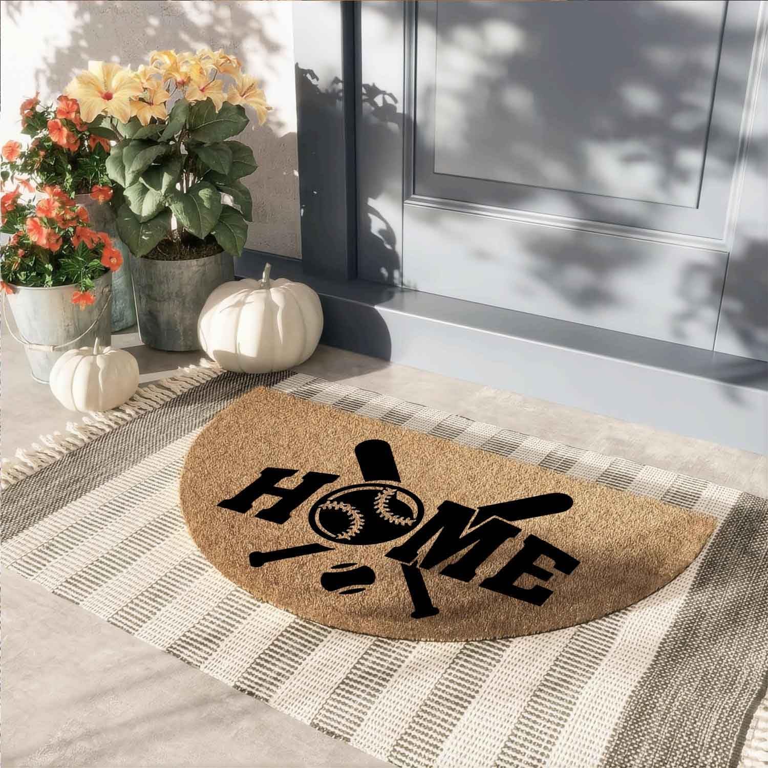 Funny Semicircle Artificial Coir Doormat Baseball Bats & Ball Home Front Door Outdoor Doormat with Heavy Duty Anti-Slip Backing Front Porch Half Circle Welcome Mats 29.5 x 17 inch