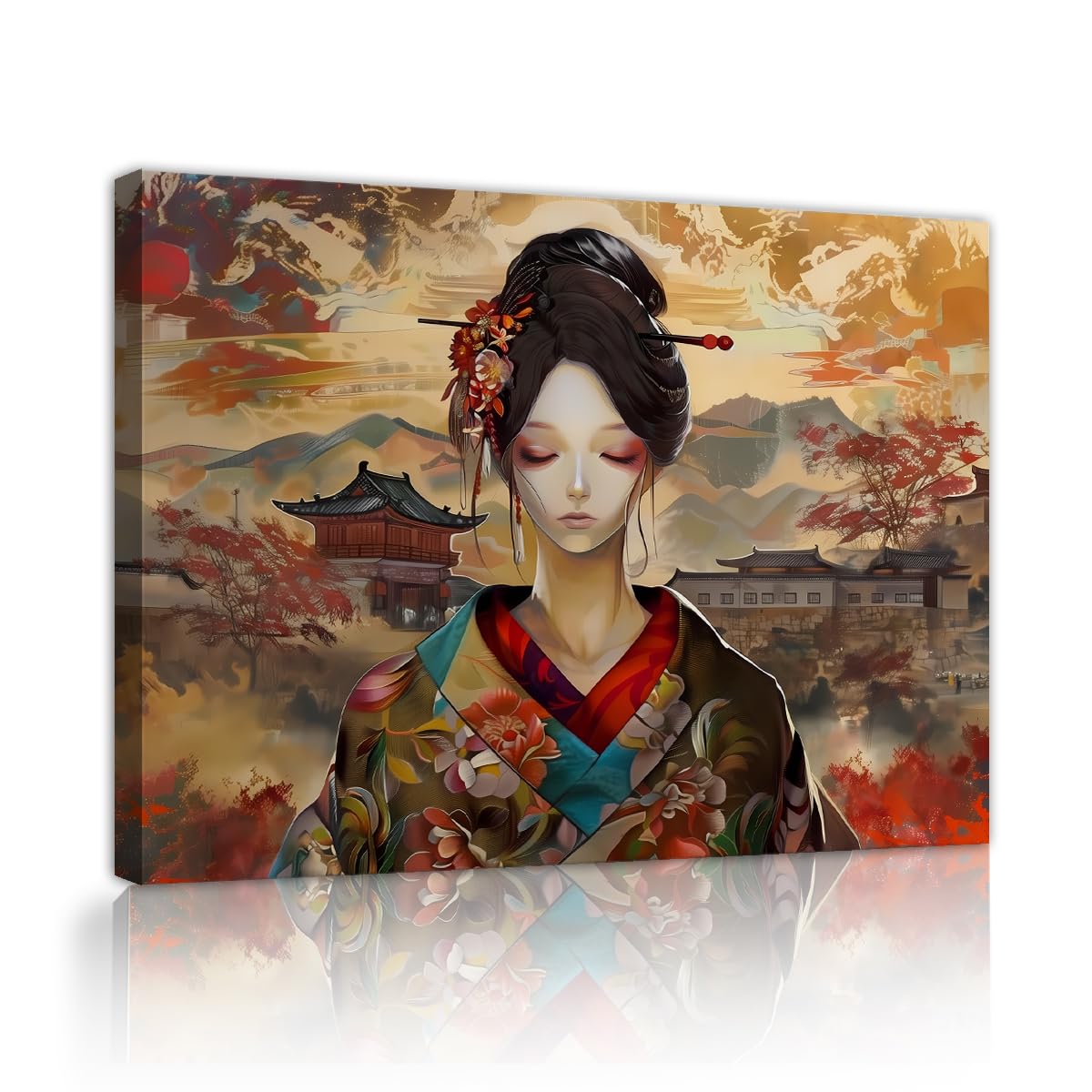 Via Vela Oriental Woman Canvas Prints Fall Sakura Architecture Framed Wall Art Retro Mountain Landscape Posters Prints Traditional Japanese Kimono Geisha Picture for Dorm Dining Room Decor 80x120cm