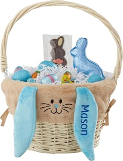 Personalization Universe Hand-Woven Easter Basket with Folding Handle & Personalized Bunny Liner - Ideal Egg Hunt Basket, Vintage Style Wicker - Natural Basket, Tan Liner, and Blue Ears