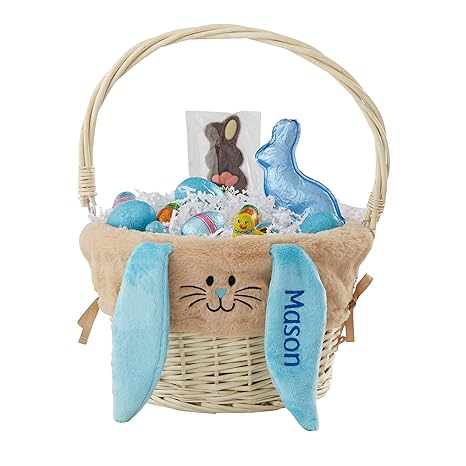 Personalization Universe Hand-Woven Easter Basket with Folding Handle & Personalized Bunny Liner - Ideal Egg Hunt Basket, Vintage Style Wicker - Natural Basket, Tan Liner, and Blue Ears