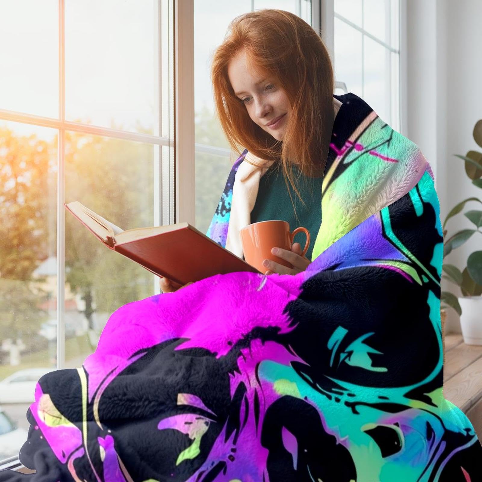 Coperta in pile con teschi con spruzzi al neon – morbida e leggera peluche accogliente – perfetta per letto, divano, divano, viaggi, campeggio, 150 x 200 cm
