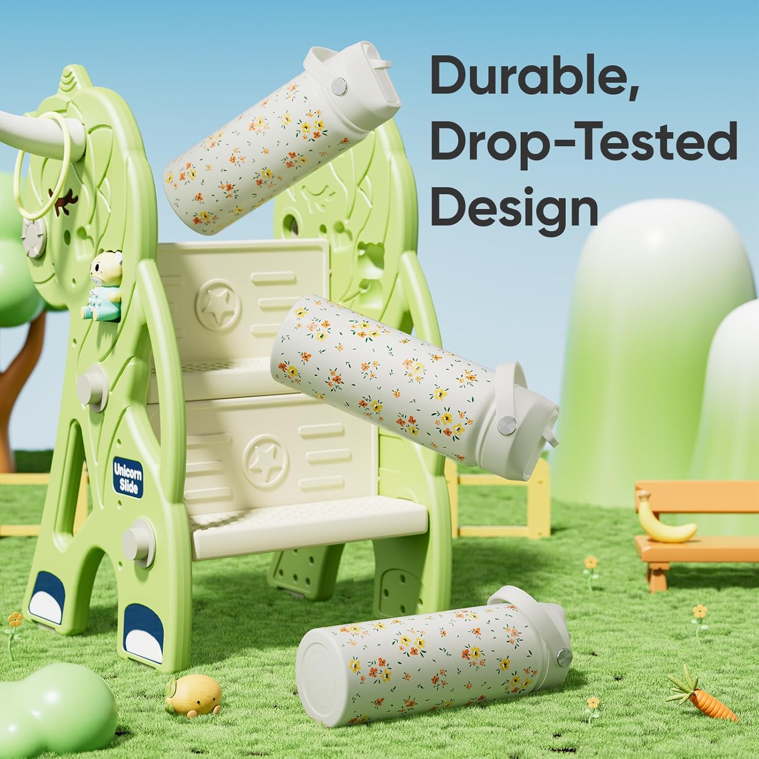 18 oz Water Bottle with Straw, Leak Proof, Insulated Stainless Steel with Handle, Reusable, Metal, Backpack-side Fit (Floral Ivory) - Image 2