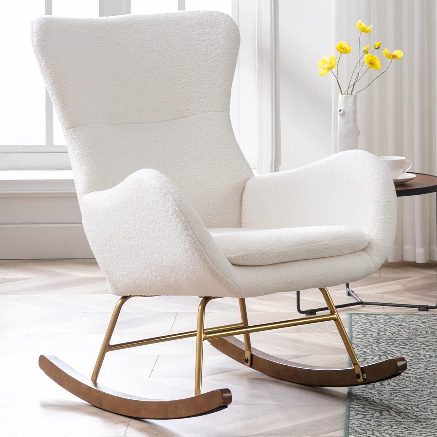 LZAREAL Fur Upholstered Rocking Glider Chair for Nursery Comfy Accent Chairs Mid Century Modern Side Rocker Chair with High Backrest for Living Room/Bedroom, Fur White