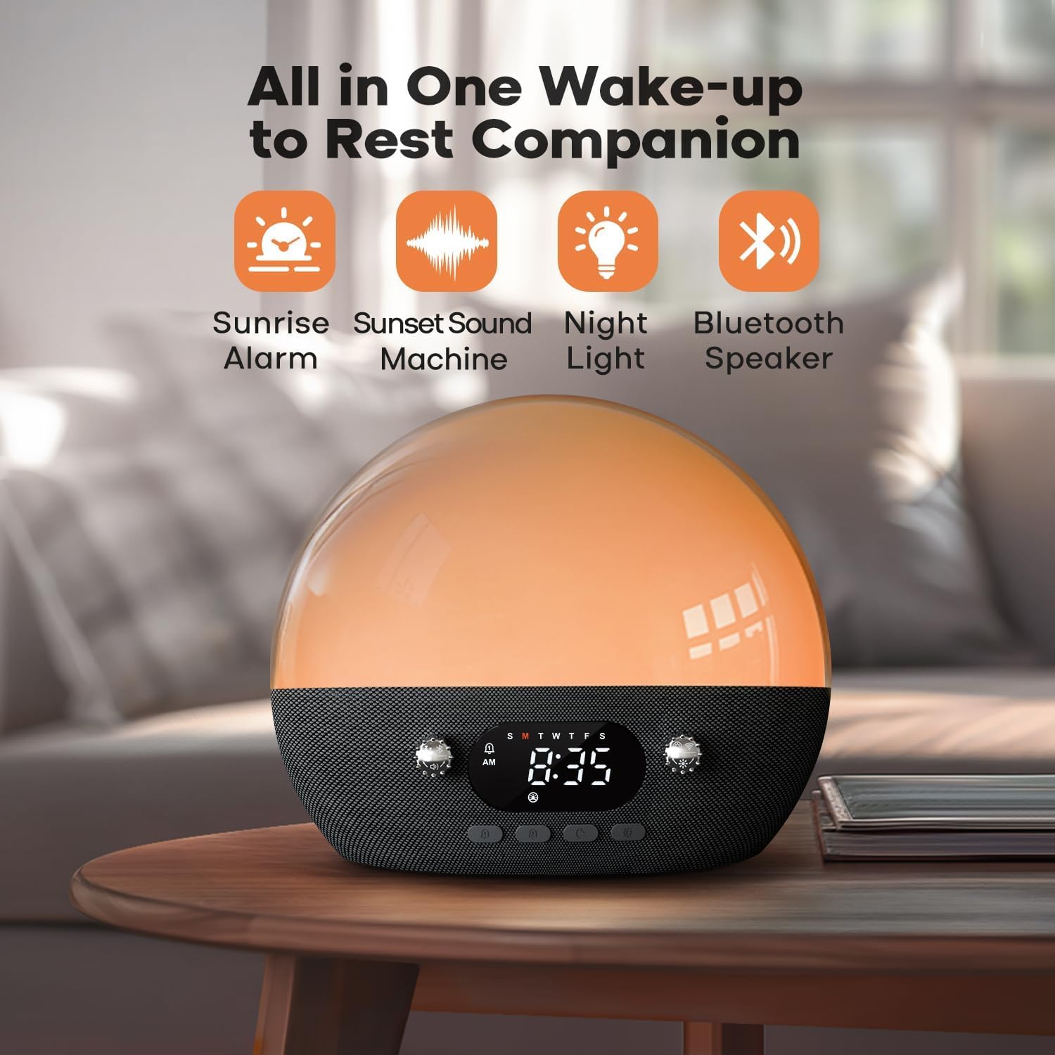Dekala RestOnn Sunrise Alarm Clock Sunset Sound Machine 7-Day Programmable Loud Dual Alarm Clock, White Noise Natural Sounds for Sleeping Bluetooth Speaker Amber Night Light Smart App Control