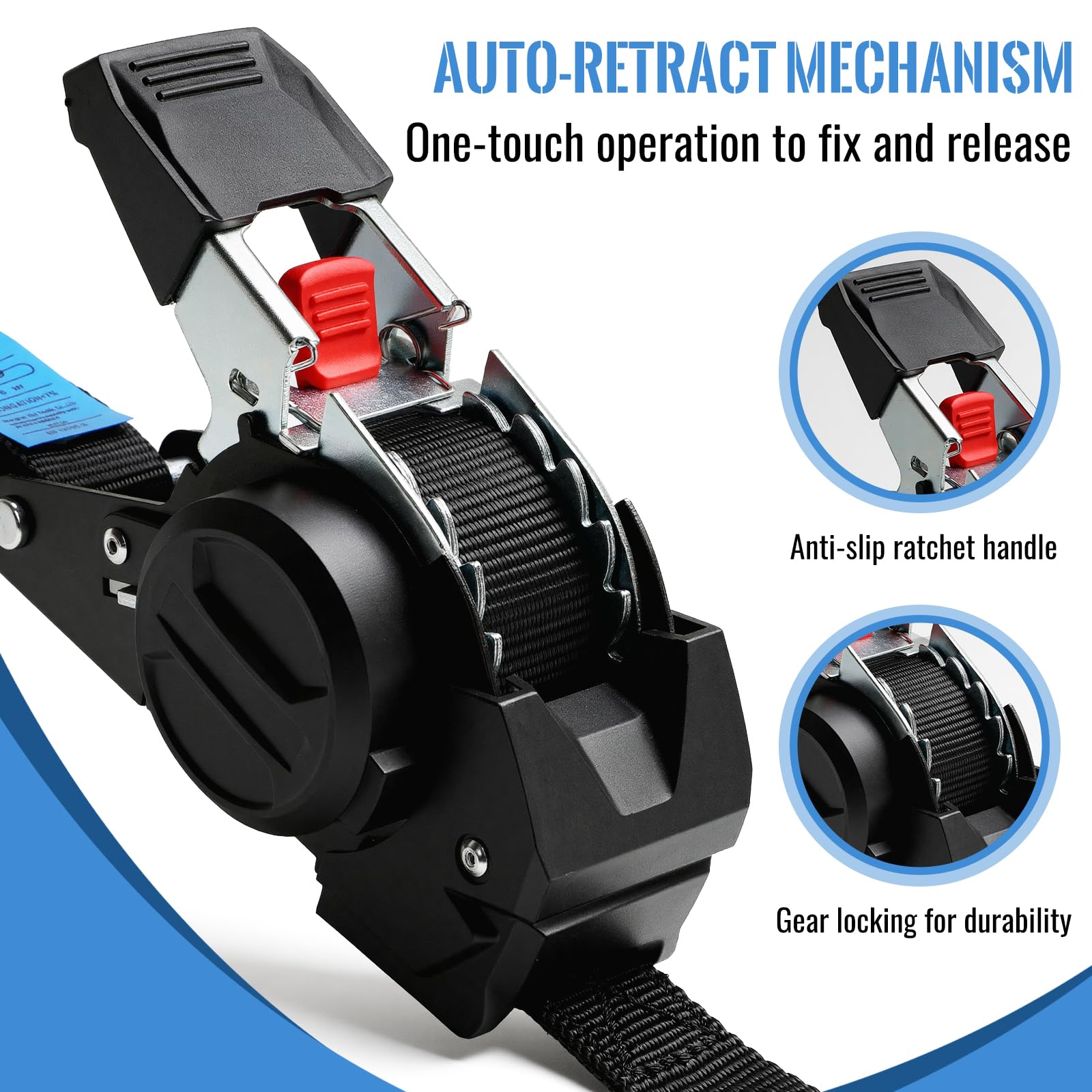 Automatische spanband treklast 750 daN 3 m x 50mm met S-haak zelfoprollende spanriem